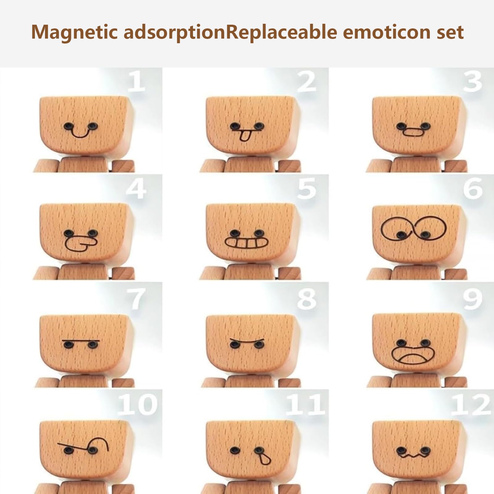 NAUXIU Schüttelmann Holzfigur - Wackelnde Auto-Deko Mit 12 Magnetischen Gesichtern