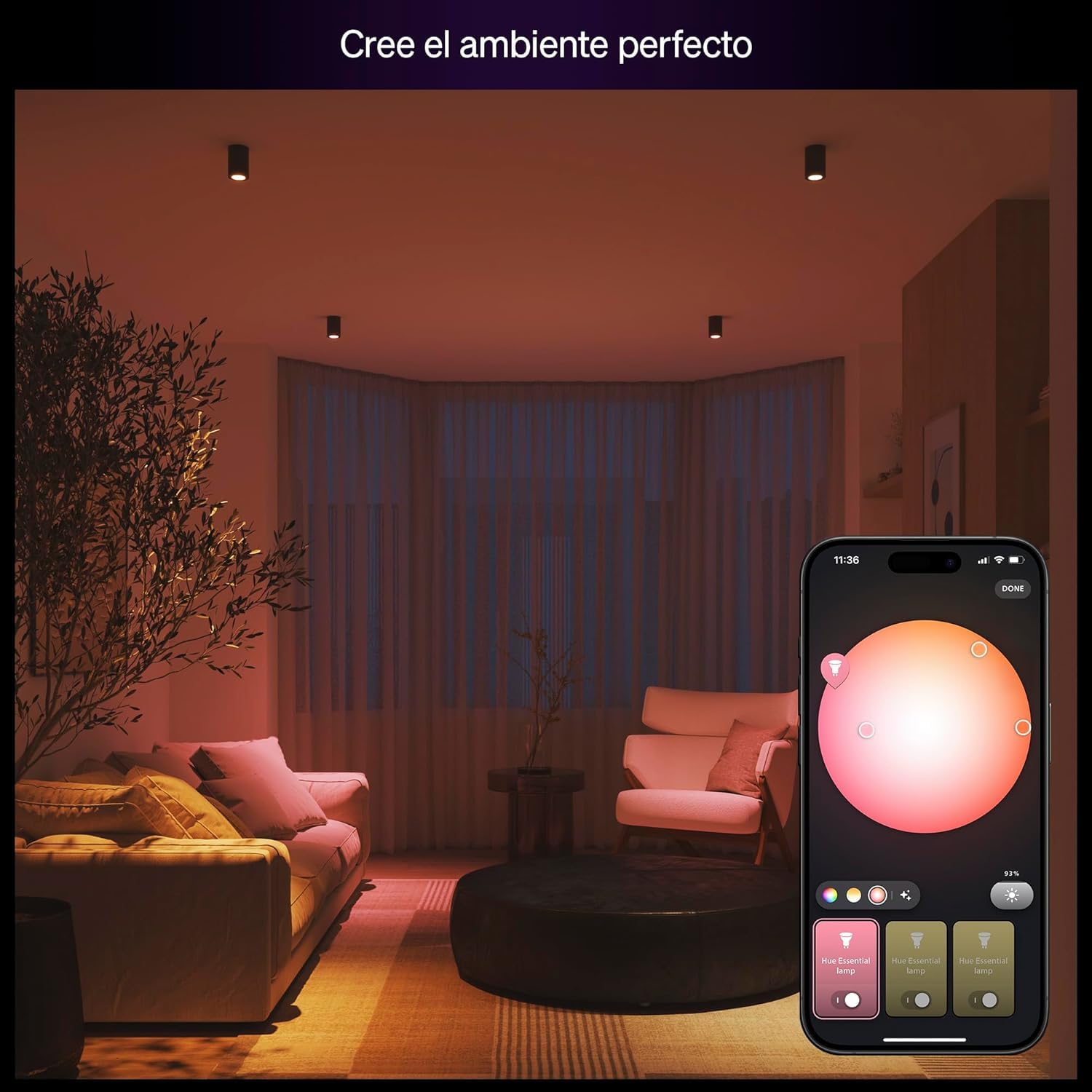 Philips Hue Essential Foco LED GU10, Bombilla LED Inteligente, Luz ambiente blanca y de colores, 4,7 W, 2200 K-6500 K, 345 lm, regulable, funciona con Alexa, Google Assistant y Apple Home, Pack de 4