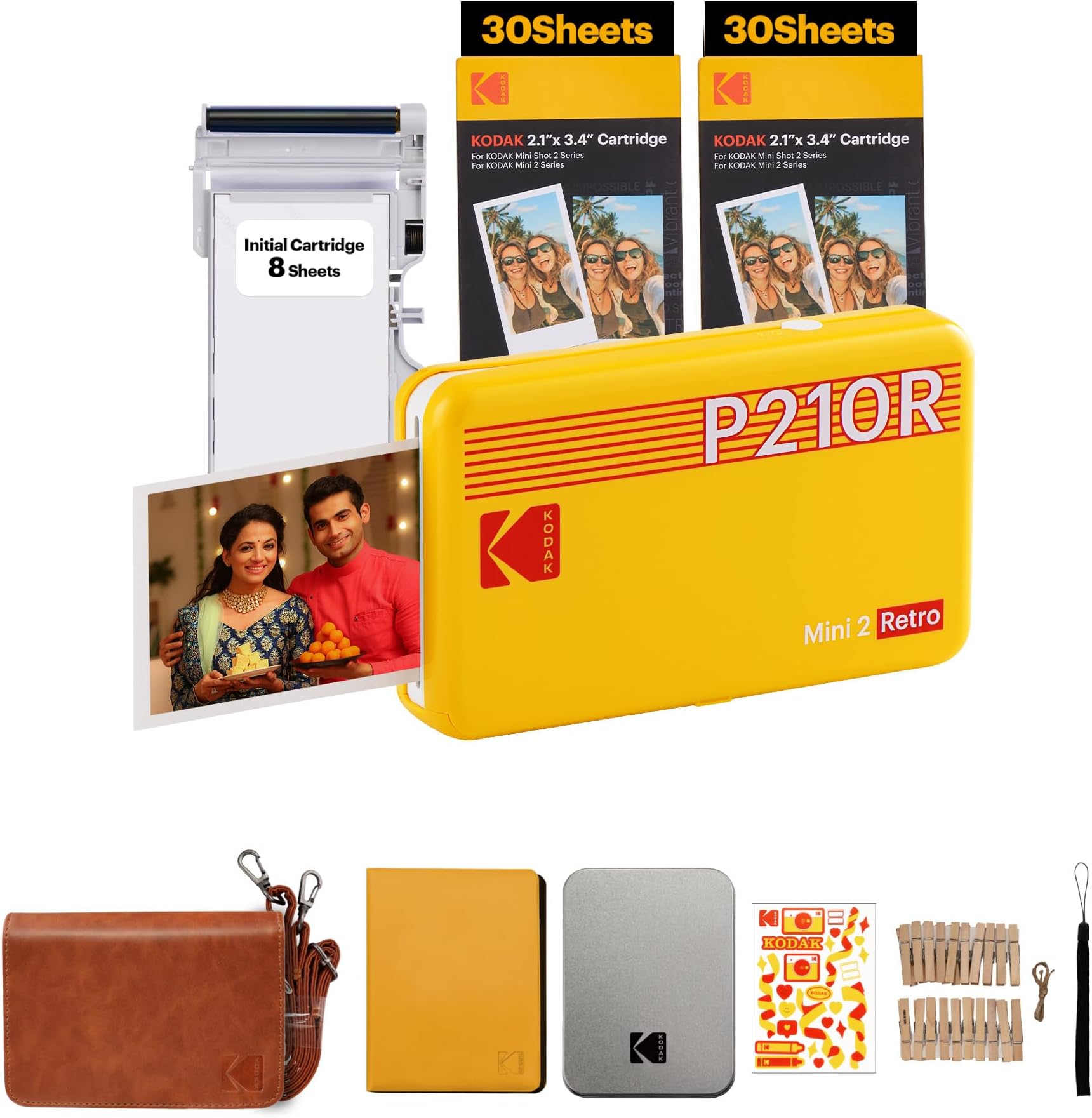 KODAK Mini 2 Retro 4PASS Portable Photo Printer (2.1x3.4 inches) + 68 Sheets Gift Bundle, Yellow