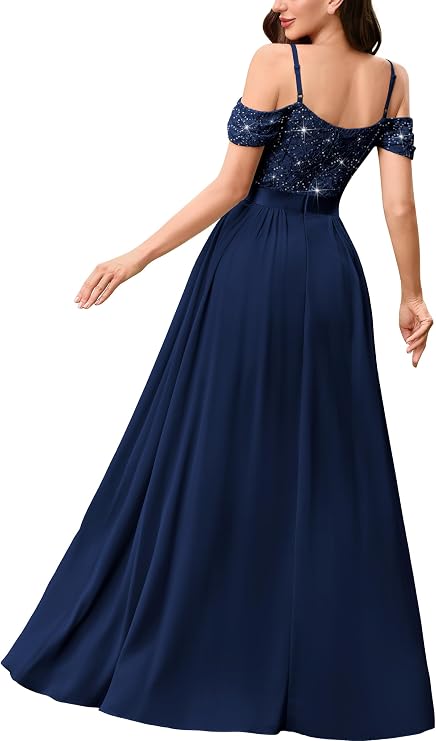 Miusol Women's Off Shoulder Elegant Sequined Split Spaghetti Straps Wedding Maxi Dress