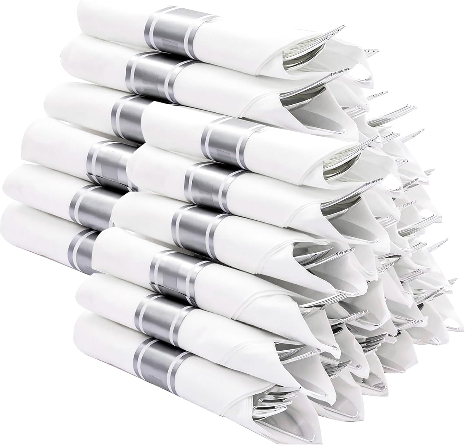 n9r 120 pack pre rolled silver plastic silverware set, wrapped silverware set disposable with 120 forks, 120 knives, 120 spoons, 120 napkins, disposable cutlery set for party and wedding silver 120 pack