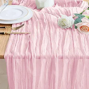Wokceer Cheesecloth Table Runner 10FT Blushing Pink Boho Gauze Cheese Cloth Table Runner for Party Wedding Spring Easter Rustic Sheer Runners for Baby Bridal Shower