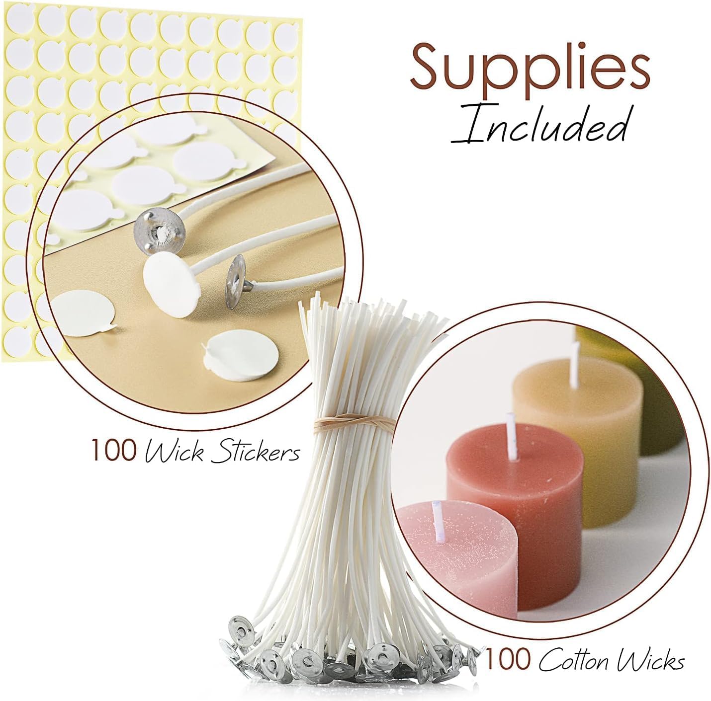 Hearth & Harbor Candle Wicks and Adhesive Candle Wick Stickers, 100 x 6-Inch Cotton Wicks + 100 Double-Sided Heat Resistant Candle Stickers