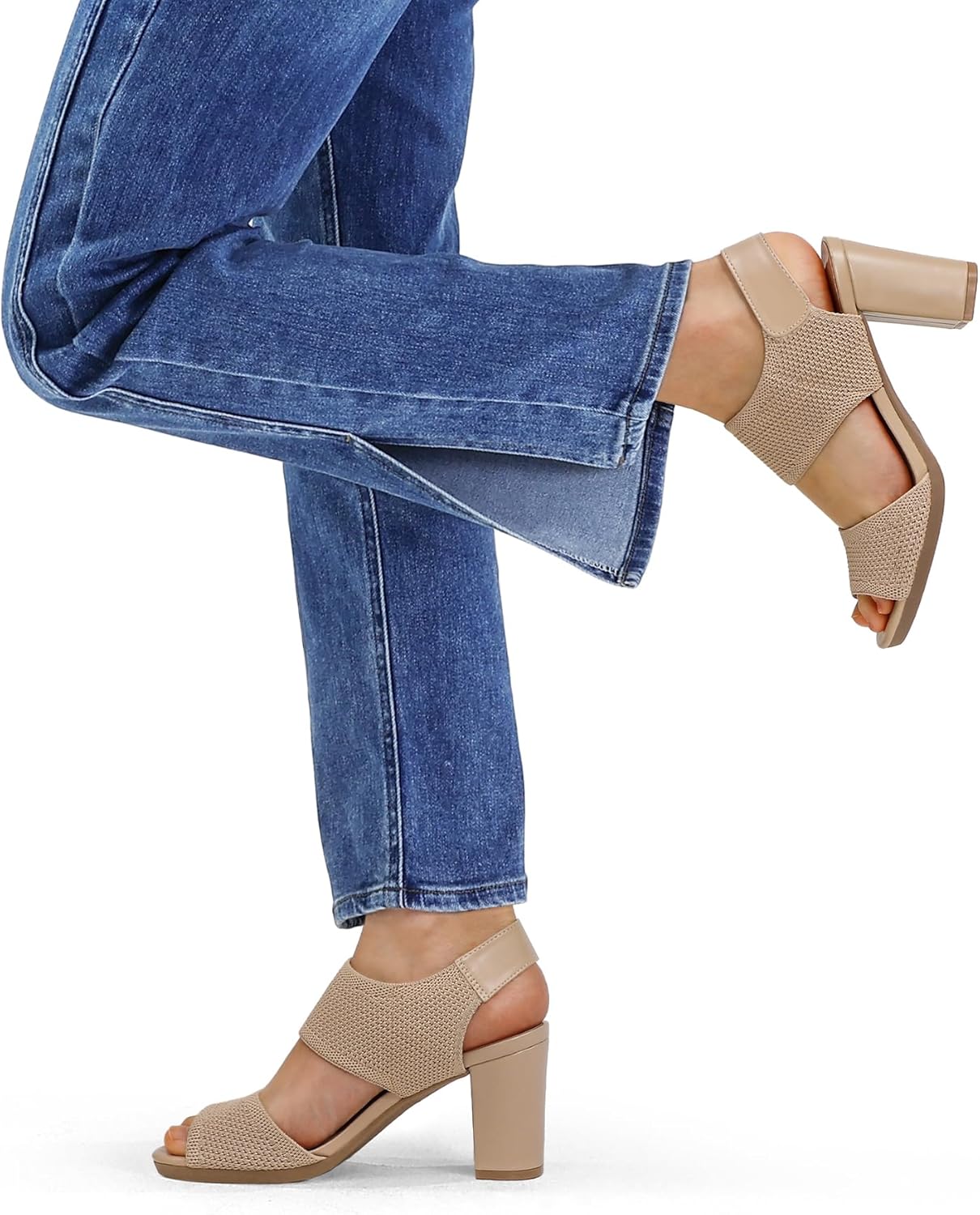 mysoft Women's Chunky Block High Heels Elastic Knit Open Toe Slingback Heeled Sandals - Image 3