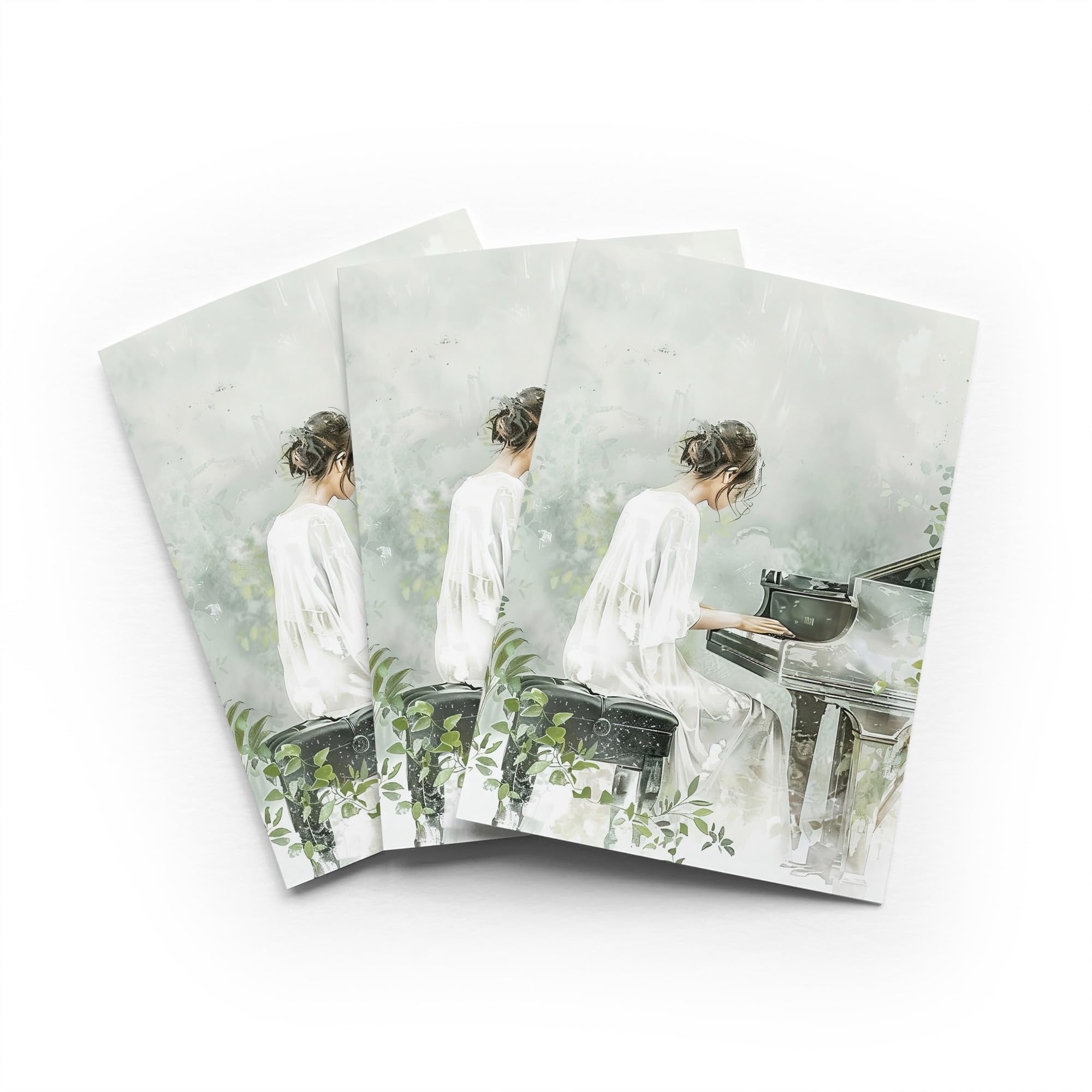Pianist Forest Greeting Card Misty Watercolour Any Occasion Set of 3 Blank Inside 5x7 Inch 13x18 cm