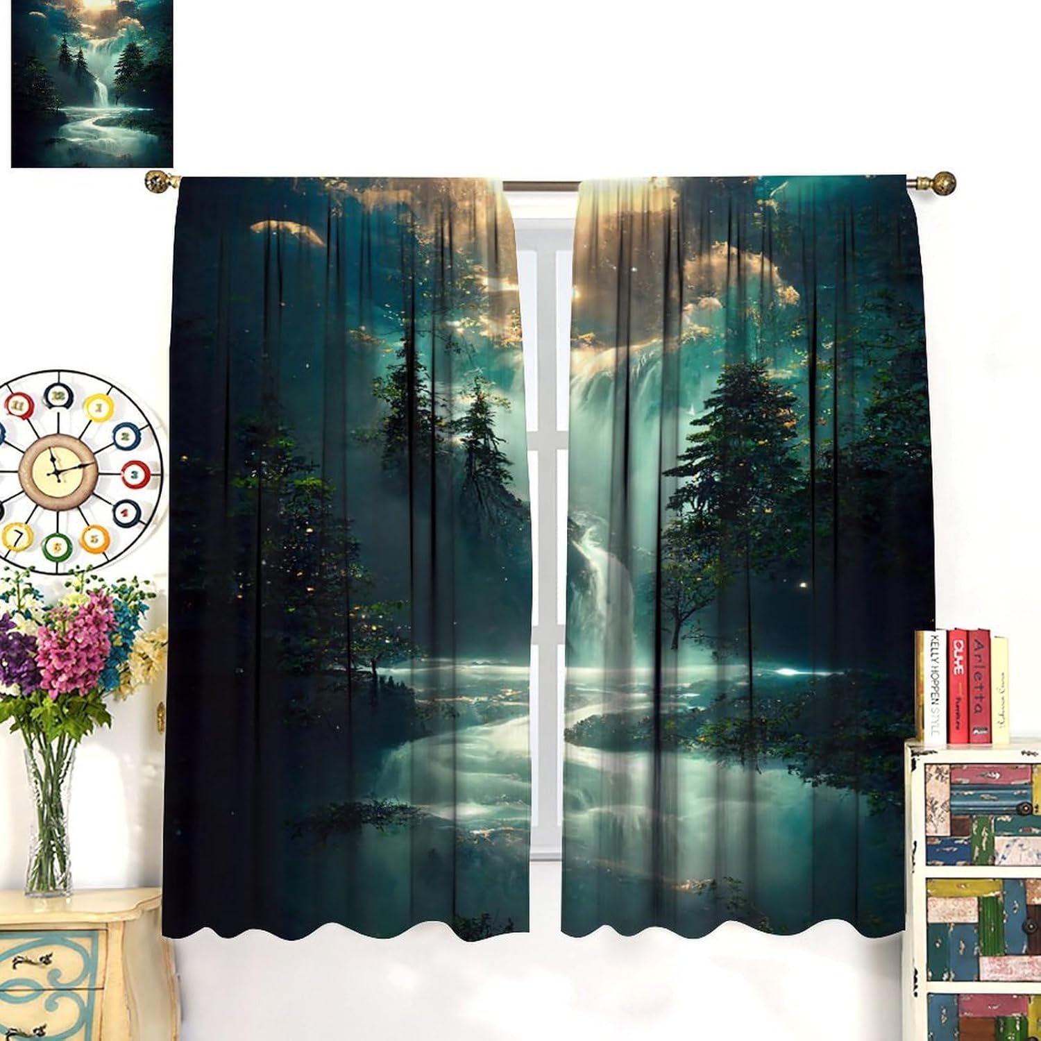 Sunlit Mythical Forest Blackout Curtains Enchanted Waterfall Magical Woods Dreamscape Decor Window Treatments for Kitchen Girls Boys Bedroom Living Dining Room 55" W X 63" L