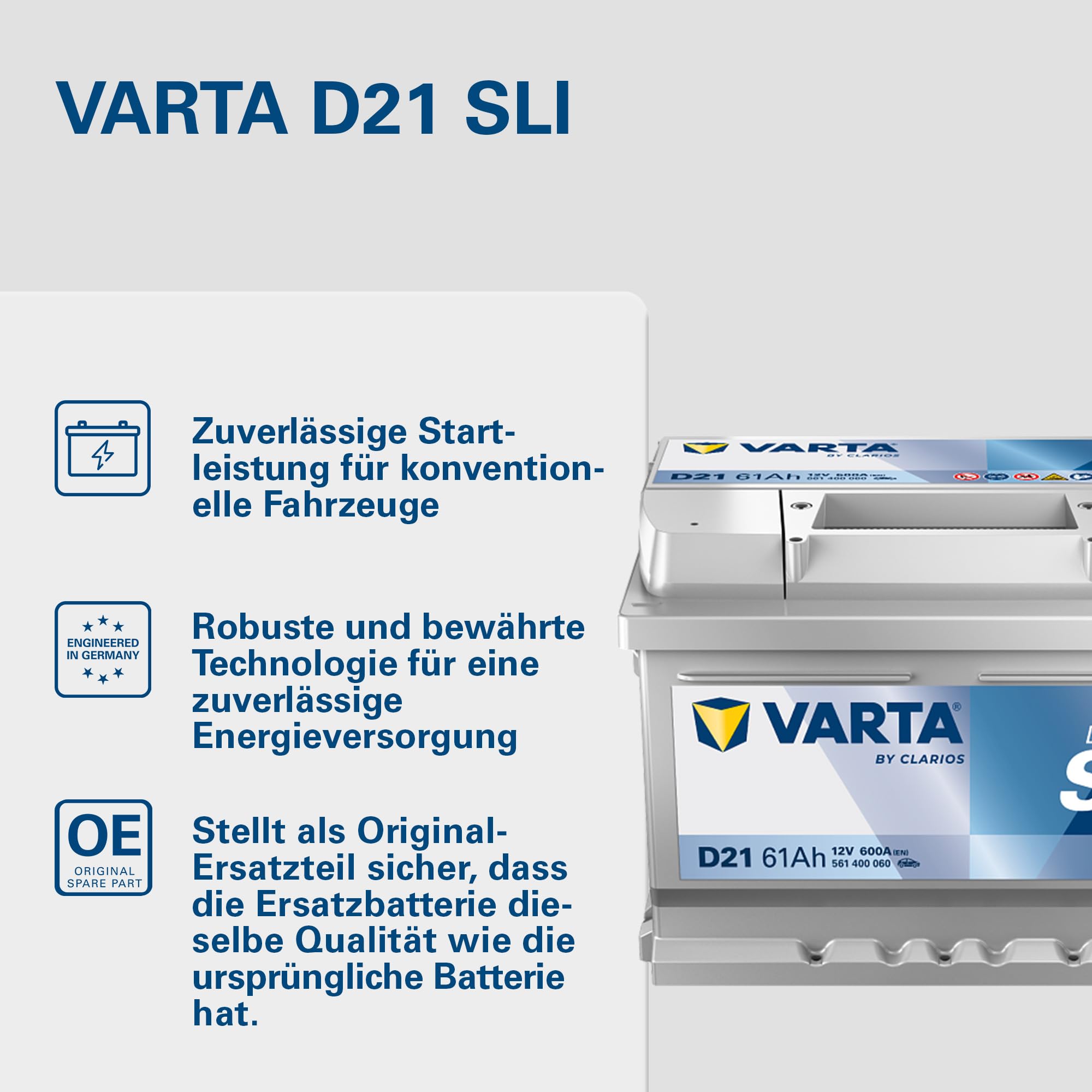 VARTA Automotive DYNAMIC SLI (D21) 12V 61Ah 600A - Nassbatterie KFZ mit Standardausstattung & ohne Start-Stopp System - Starterbatterie für einfachen Energiebedarf - Bleisäurebatterie wartungsfrei