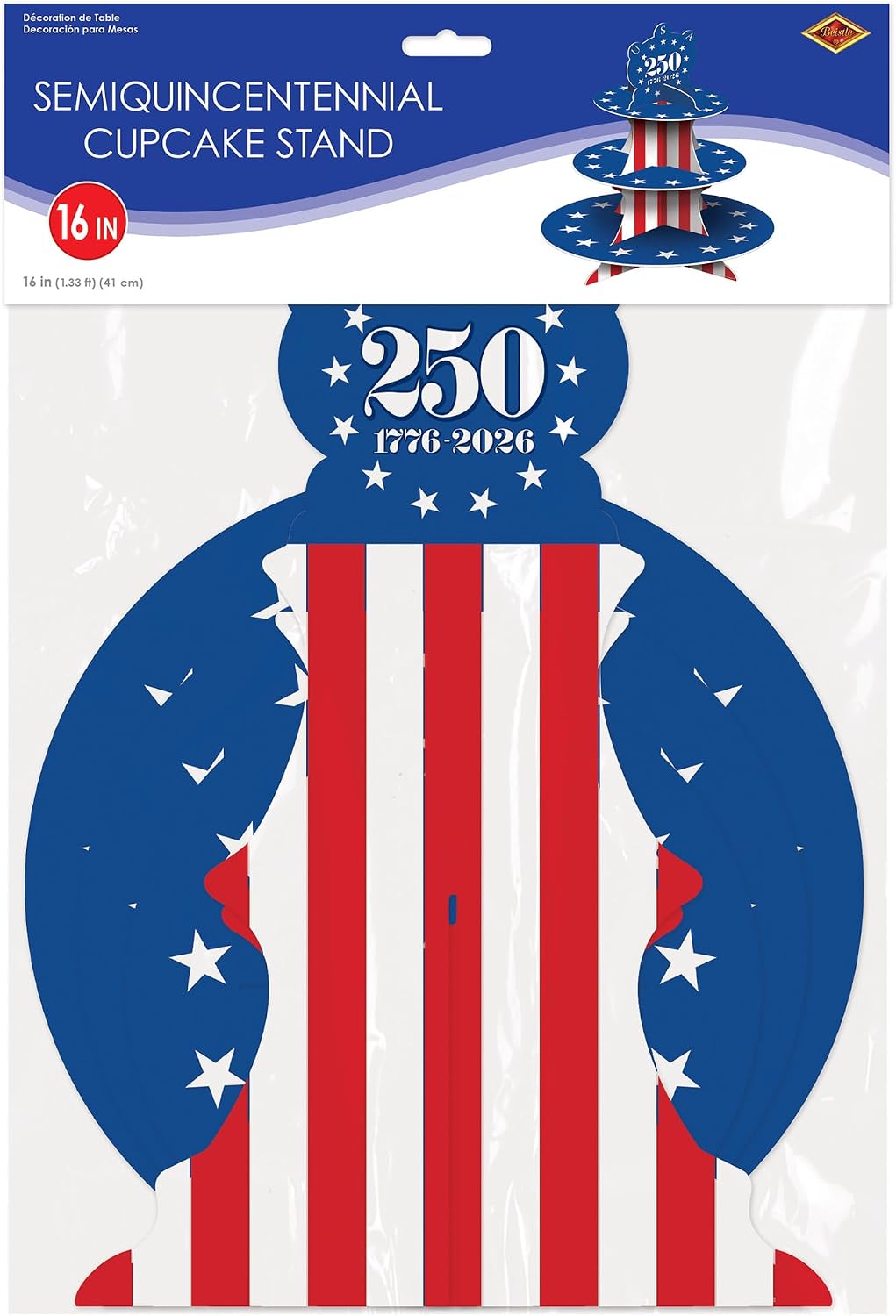 Beistle Semiquincentennial Cupcake Stand – 3-Tier Patriotic Dessert Display with USA 250 Design, Freestanding Red, White & Blue Treat Stand for 1776–2026 Events, July 4th Parties & Buffet Tables, 16"