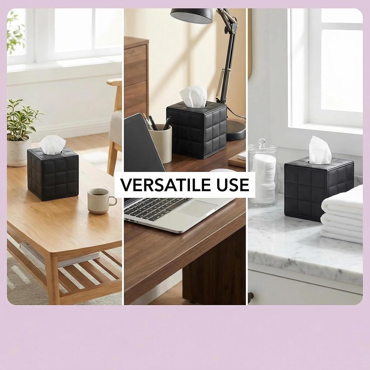 Square PU Leather Tissue Box Cover Holder with Magnetic Bottom (Black Grid)