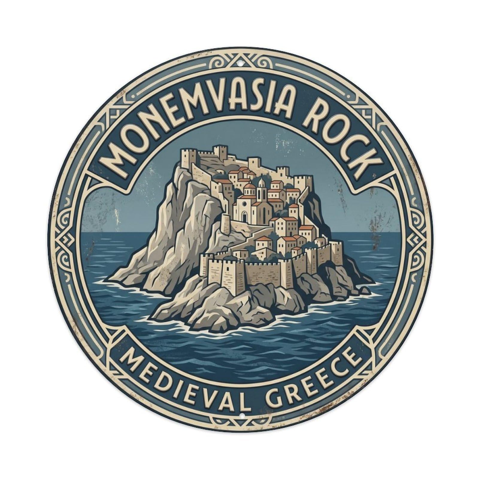 Monemvasia Rock Medieval Greece Fortress Metal Tin Sign Plaque Wall Decor for Cafe, Club Bar, Office, Home Garden Round Metal Poster 8x8Inch