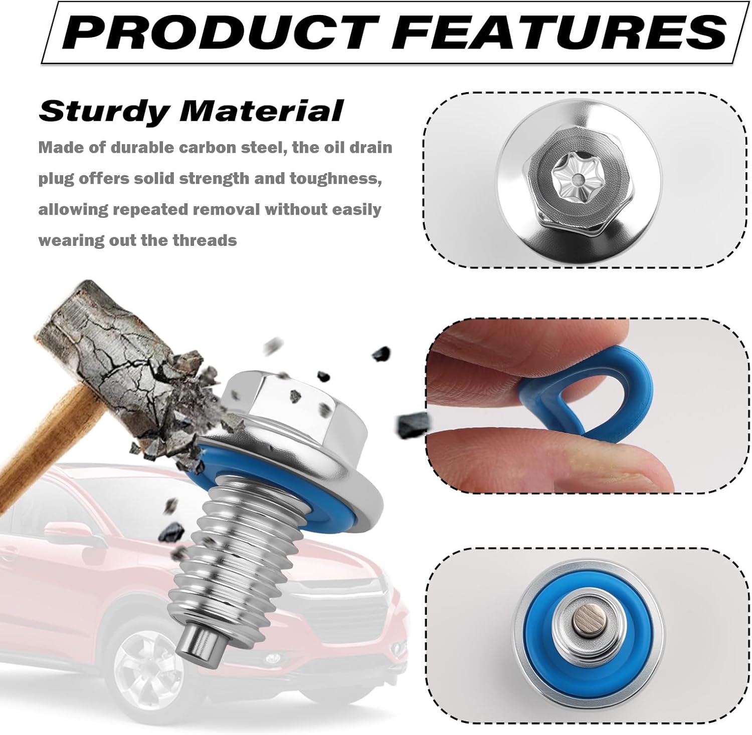 M12-1.75 Magnetic Oil Drain Plug with T45 Torx/15mm Hex Head OEM 65372,Sturdy Car Oil Pan Drain Plug with Oils Drains Plugs Gasket Compatible with Lincoln Ford,Essential Car Oils Plugs