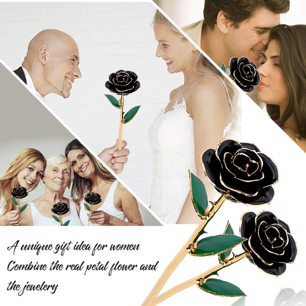 FILFEEL 24K Gold Rose, Long Stem Dipped Flower Gift for Her, Made of Fresh Rose, Last Forever Mother's/Thanksgiving/Christmas/Valentine's/Birthdays Party/Graduations/Weddings (Black)