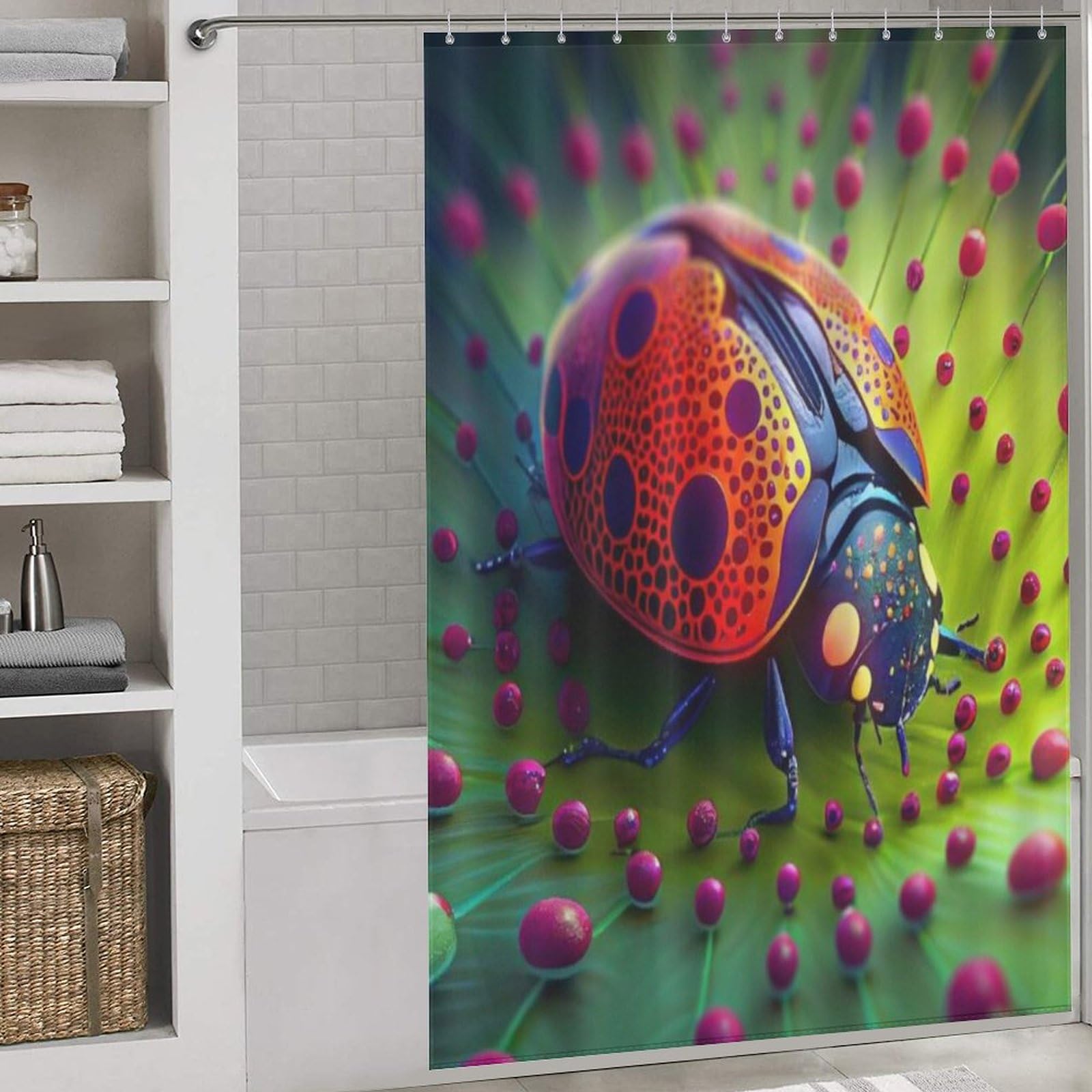 Rideau de douche textile 152x183 cm lavable motif coccinelle avec crochets