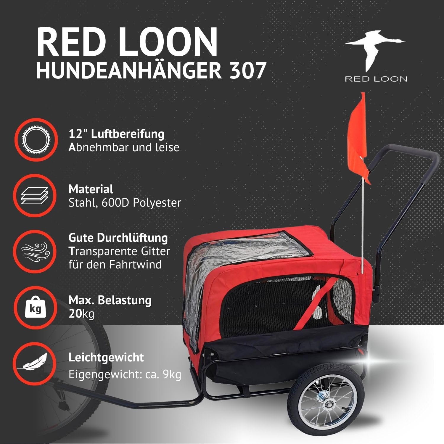 Red Loon Remorque pour chien Mini - Remorque de vélo pour chien Jogger Rouge, Transporteur stable 20kg de capacité, Ensemble de jogging convertible, avec attelage universel et protection contre la