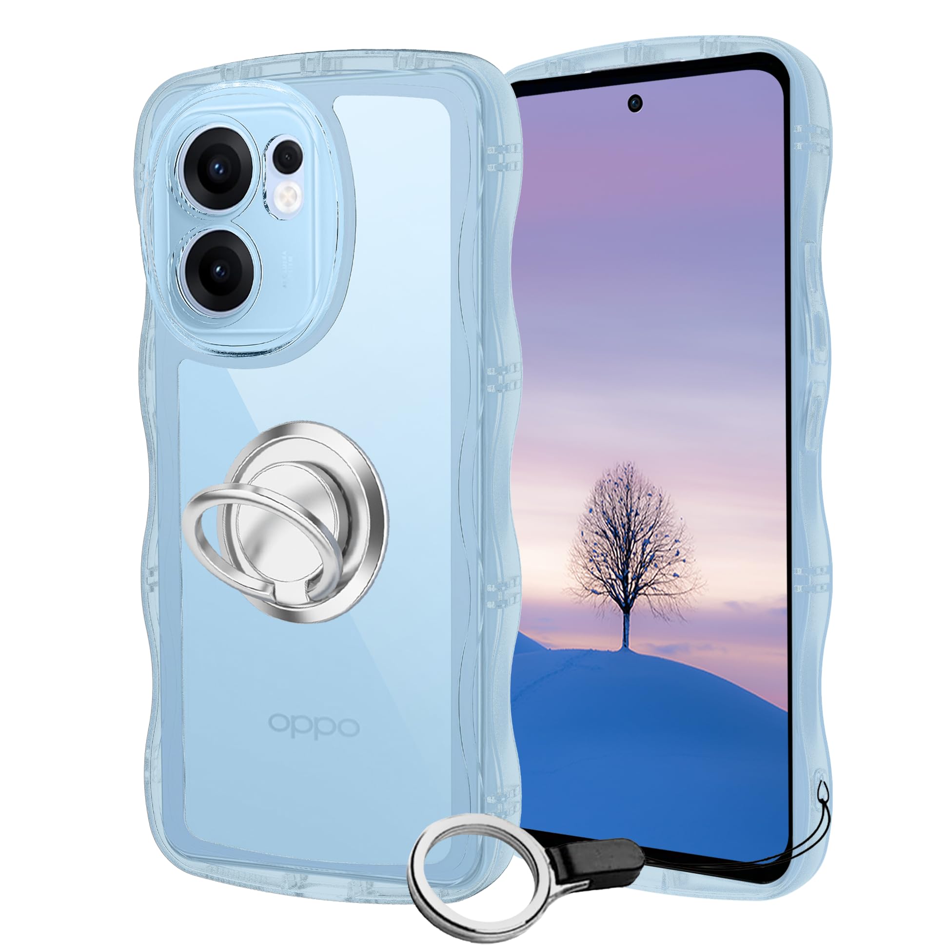 OPPO Reno13 A ケースブルー ウェーブ リング付き TPU波状のバンパー 半透明 スマホケース かわいい うねうね オッポ Reno13A ウェーブ デザイン 可愛い 韓国 女性用 薄型 人気 おしゃれ 耐衝撃 ストラップホール付き(ブルー)