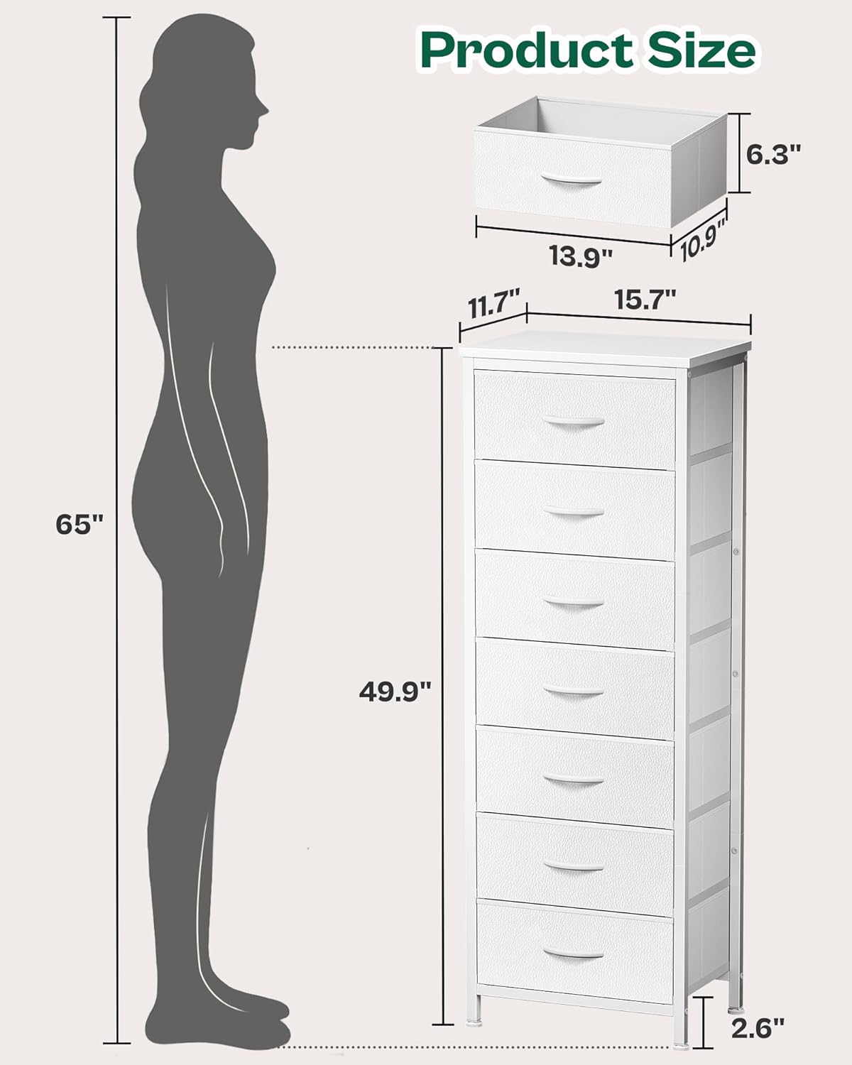 huuger tall dresser for bedroom, 7 drawer dresser & chests of drawers, fabric drawer for closet, bedroom, night stand, metal frame, storage tower with fabric bins, white 50.0inch(7 drawers) white