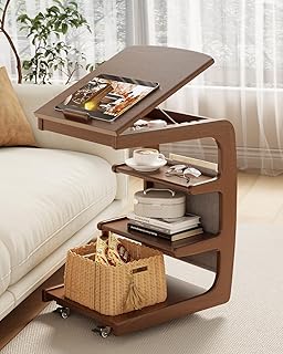 AQIMUELE Wooden C-Shaped End Table,Couch Desk with 2 Lockable Wheels,4-Tier Couch Table with Storage Bag,Small Rolling Side Table Tv Trays for Couch, Living Room,Bedroom (Walnut)