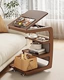 AQIMUELE Wooden C-Shaped End Table,Couch Desk with 2 Lockable Wheels,4-Tier Couch Table with Storage Bag,Small Rolling Side Table Tv Trays for Couch, Living Room,Bedroom (Walnut)