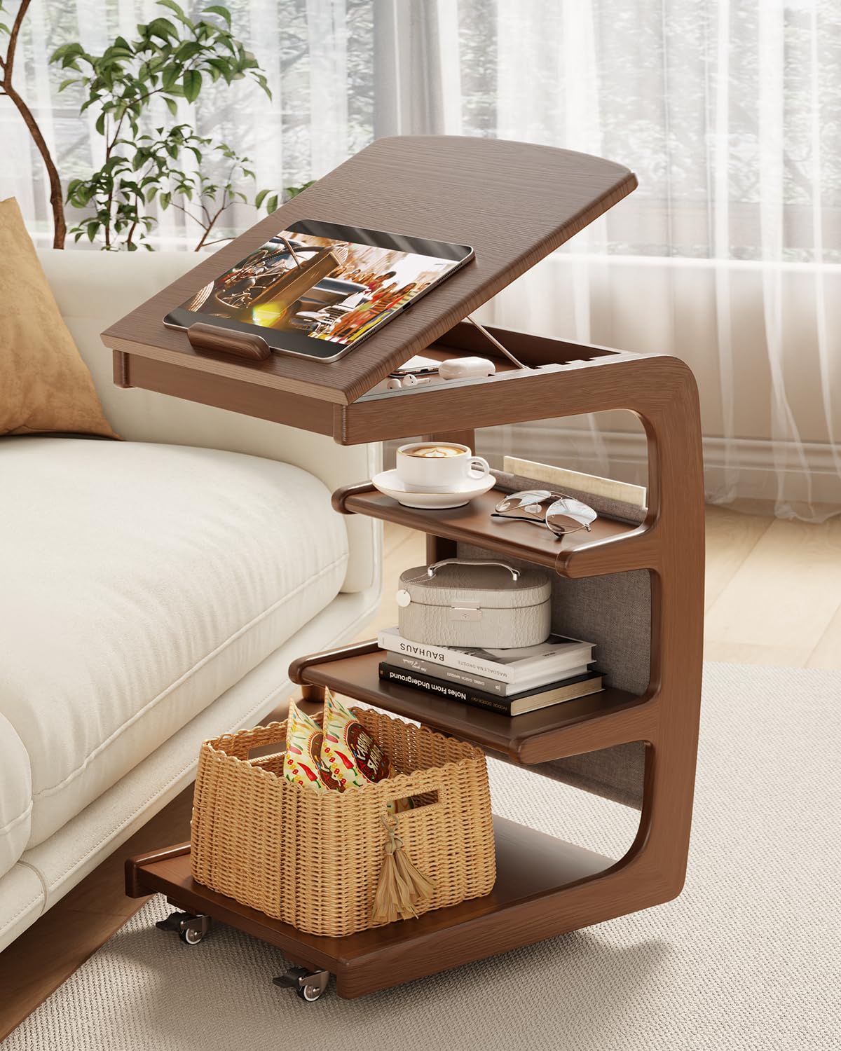 Photo 1 of ** missing hardware **AQIMUELE Wooden C-Shaped End Table,Couch Desk with 2 Lockable Wheels,4-Tier Couch ** **Table with Storage Bag,Small Rolling Side Table Tv Trays for Couch, Living Room,Bedroom (Walnut)