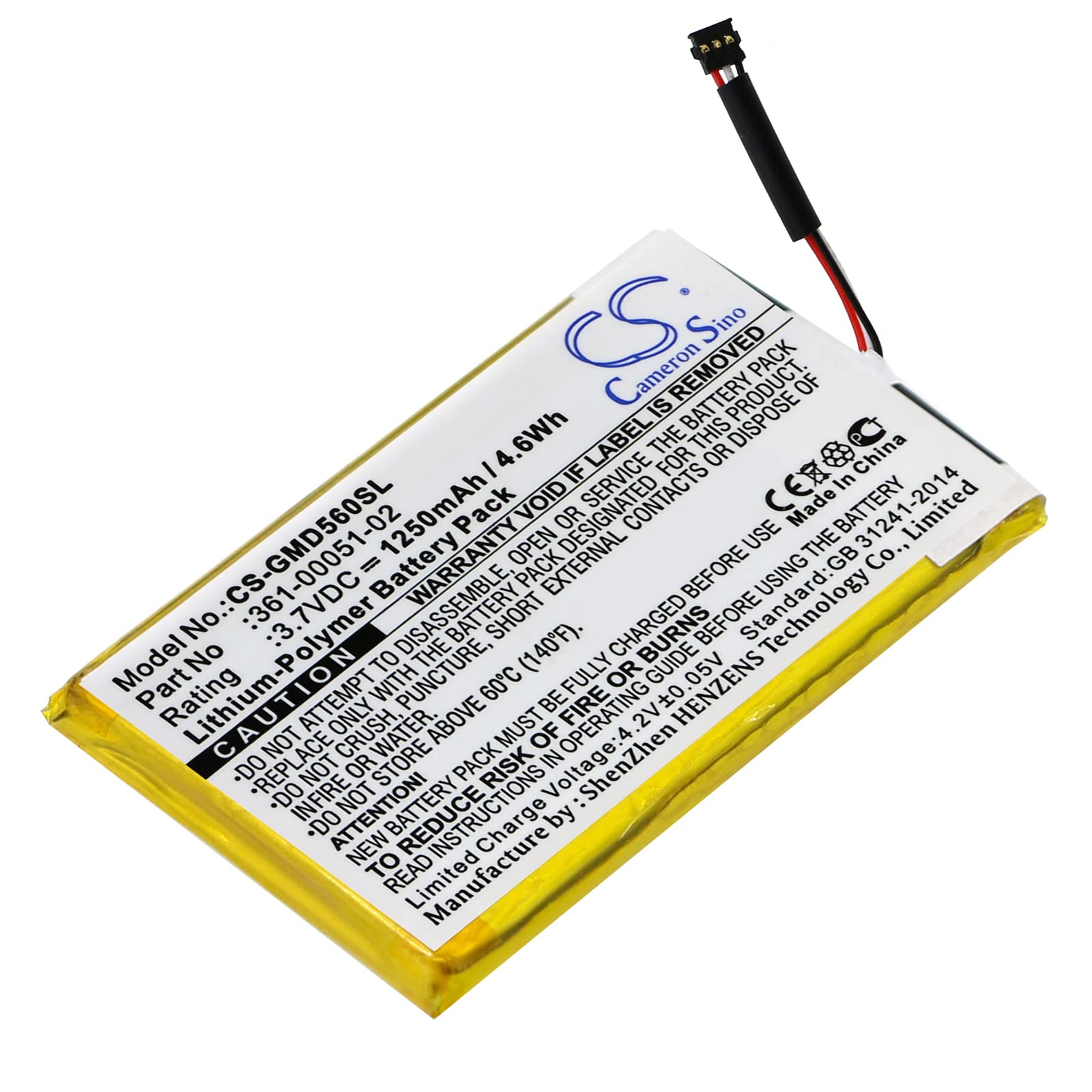 CS Cameron Sino 1250mAh / 4.63Wh Replacement Battery for Garmin Dezl 560LMT, Dezl 560LT, Dezl 650LM, nuvi 52LM 5'', SAT NAV 361-00051-02