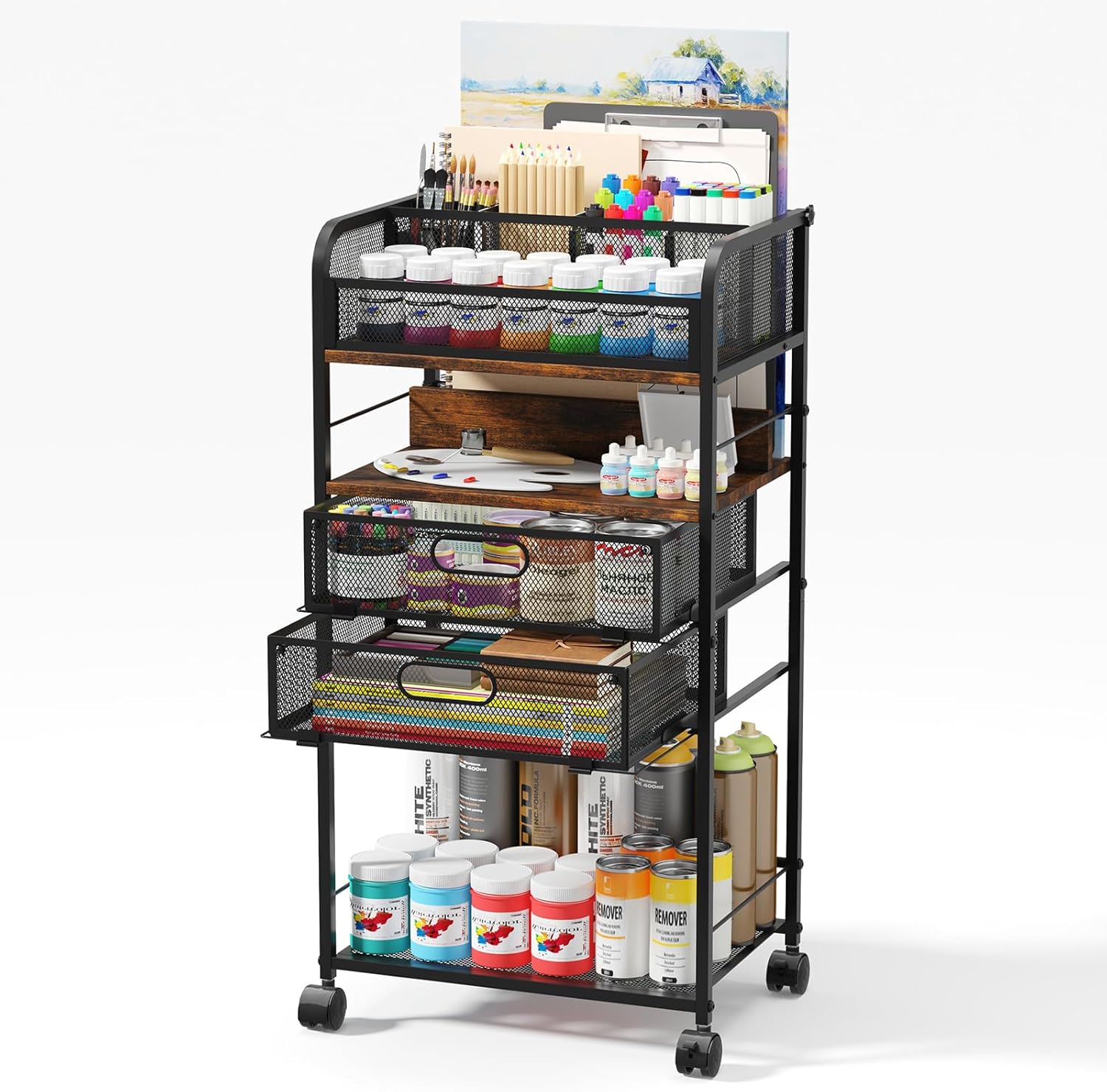 Art cart, 5 Tier Rolling Cart - Utility Cart with Storage Drawer and Wheels, Versatile Art & Craft Organizer for Home, Office, or Studio Ideal for Storing Brushes, Paints