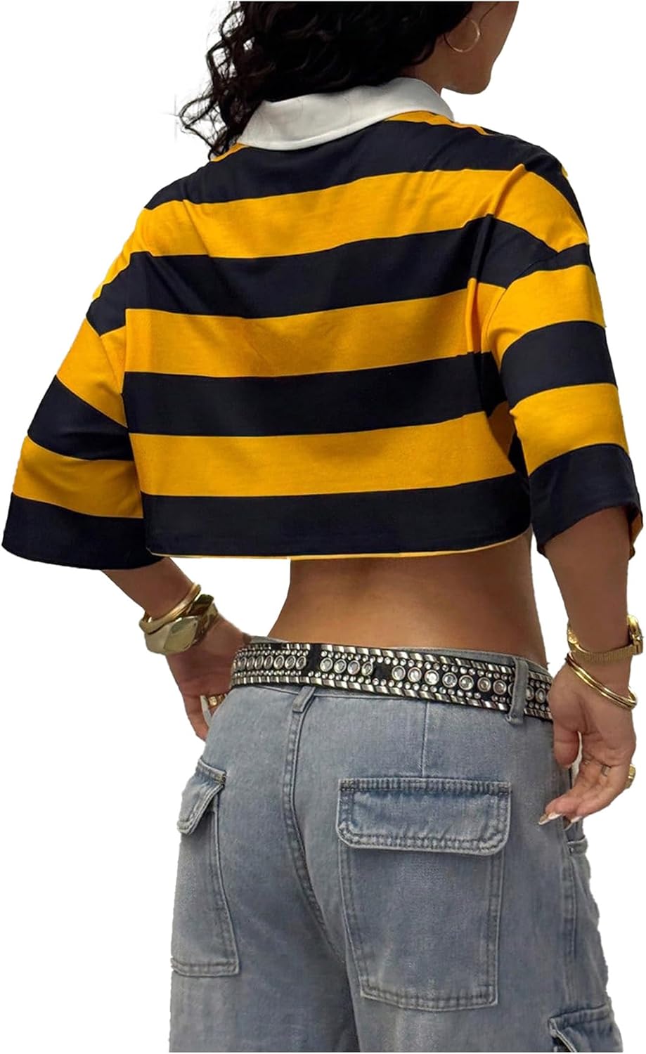 Milumia Women's Y2k Striped Button Up Collared T Shirt Short Sleeve Drop Shoulder Crop Tops - Image 4