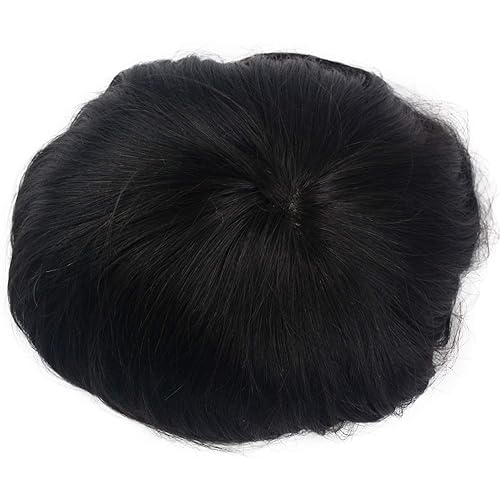 Miniatura 6 de Toupee para hombres piezas de cabello humano fino mono encaje superior PU perímetro europeo sistema de reemplazo de cabello 9x7 pulgadas 1B color