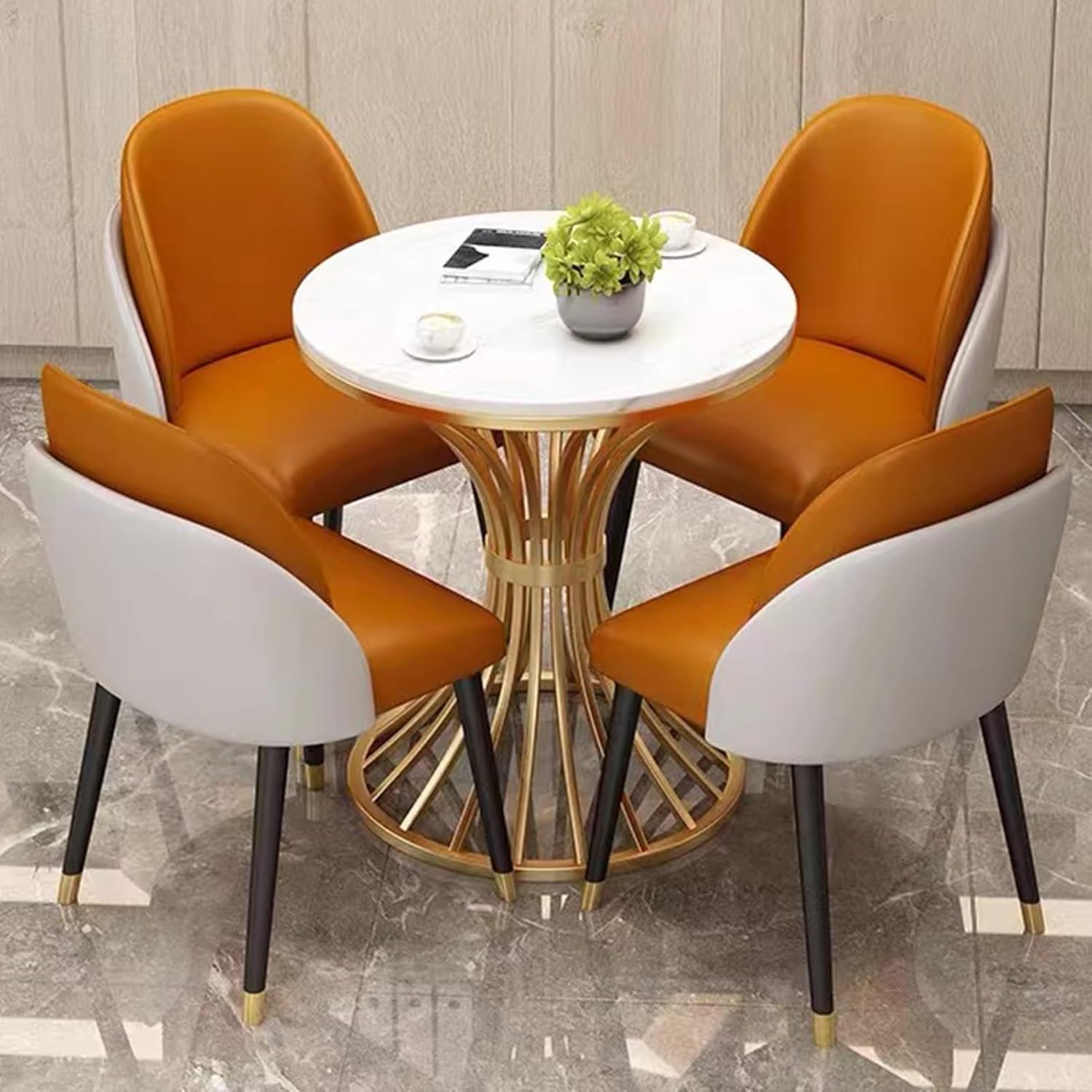 Negotiation Table and Chair Set, Office Reception Room Club Table, Rock Board Round Table and 4 PU Leather Chairs, for Small Conference Room, Lounge, Living Room, Kitchen(Orange,23.6in/60cm)
