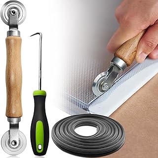 Screen Repair kit, Screen Roller Tool, Steel Roller with Bear+32ft Screen Spline+Removal Hook, 3 in 1 Window Screen Door Repair Kit,for Installing Door Window Mesh
