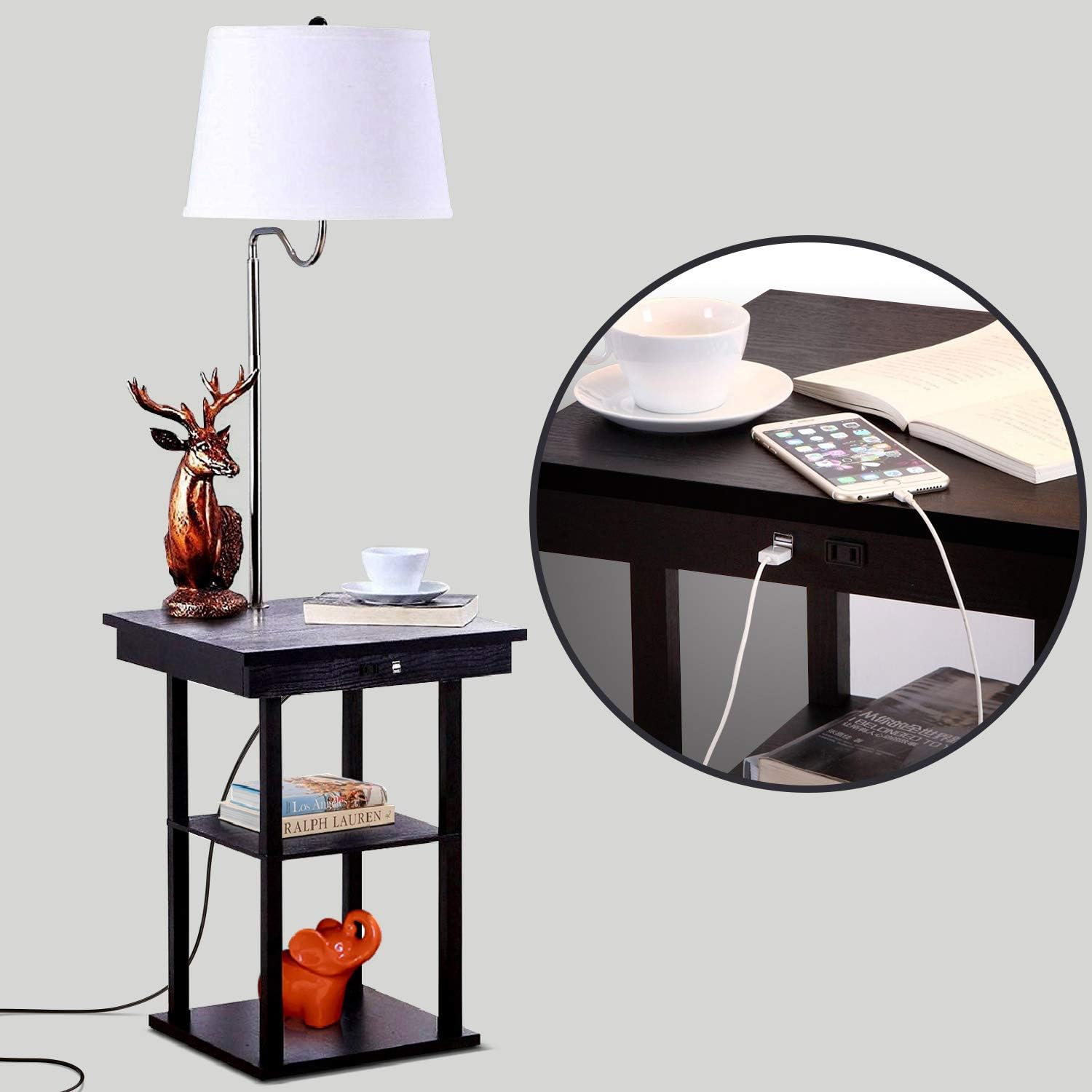 Brightech - Madison LED Floor Lamp with USB Charging Ports - Mid Century Modern Bedside Nighstand Table - End Table with Shelves for Living Room Sofas - White Shade image 5