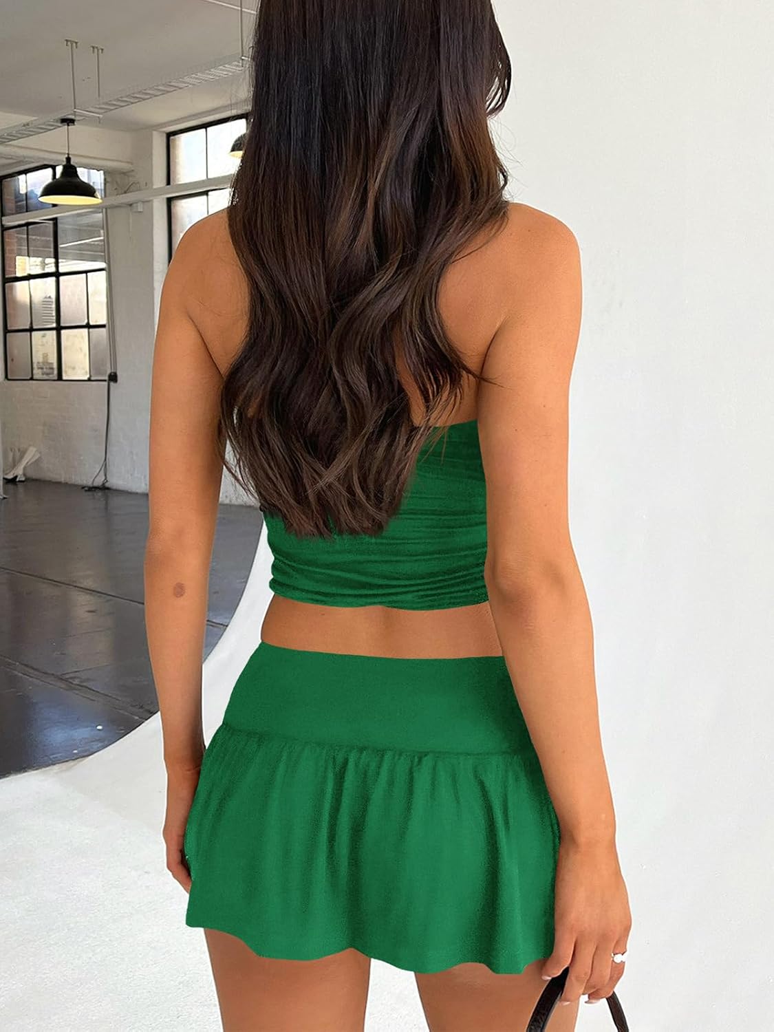 Tongmingyun Womens Summer 2 Piece Outfits Y2k Crop Tube Tops and Pleated Mini Skirts Beach Sets - Image 3