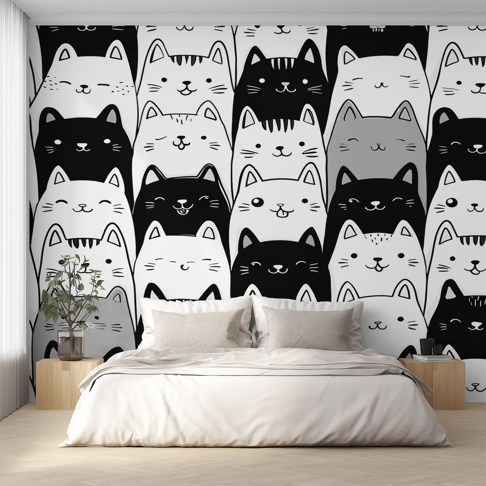Papier peint panoramique chaton noir et blanc pour décoration de chambre d'enfant et salon
