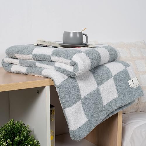 Miniatura 5 de Manta a cuadros súper suave, ligera, mullida y esponjosa, de microfibra reversible de tablero de ajedrez, decoración cálida y acogedora para el