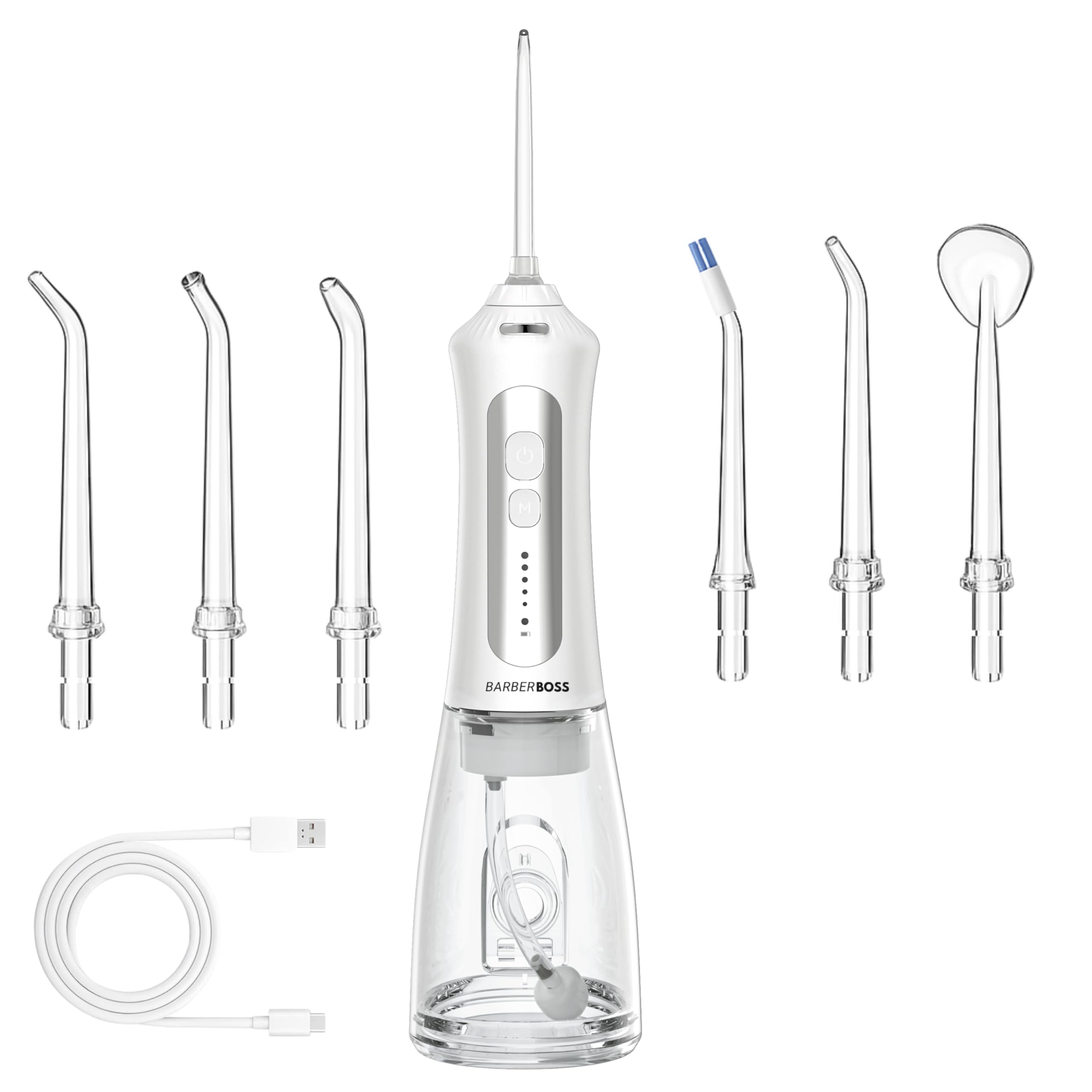 BarberBoss Hydropulseur rechargeable pour dents et gencives, irrigateur buccal sans fil avec 5 modes de nettoyage, 5 embouts de jet, réservoir de 300 ml, étanche IPX7, hydropulseur dentaire électrique