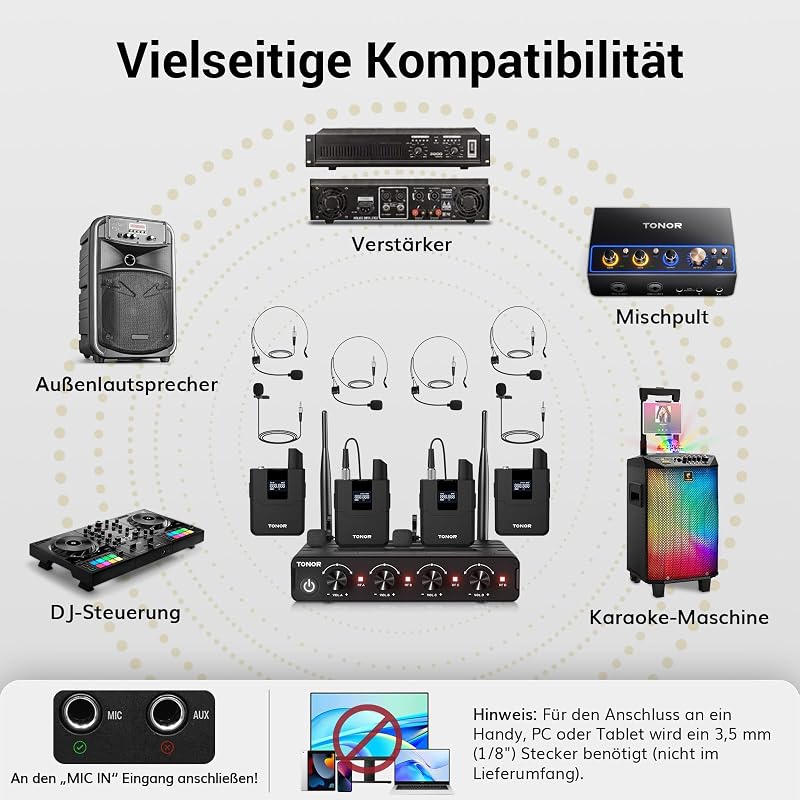 TONOR UHF Vezeték nélküli Mikrofon Szett 4 Testpakk Adóval, Fejpánt és Nyakpánt Mikrofonnal - 4 pocket transmitters