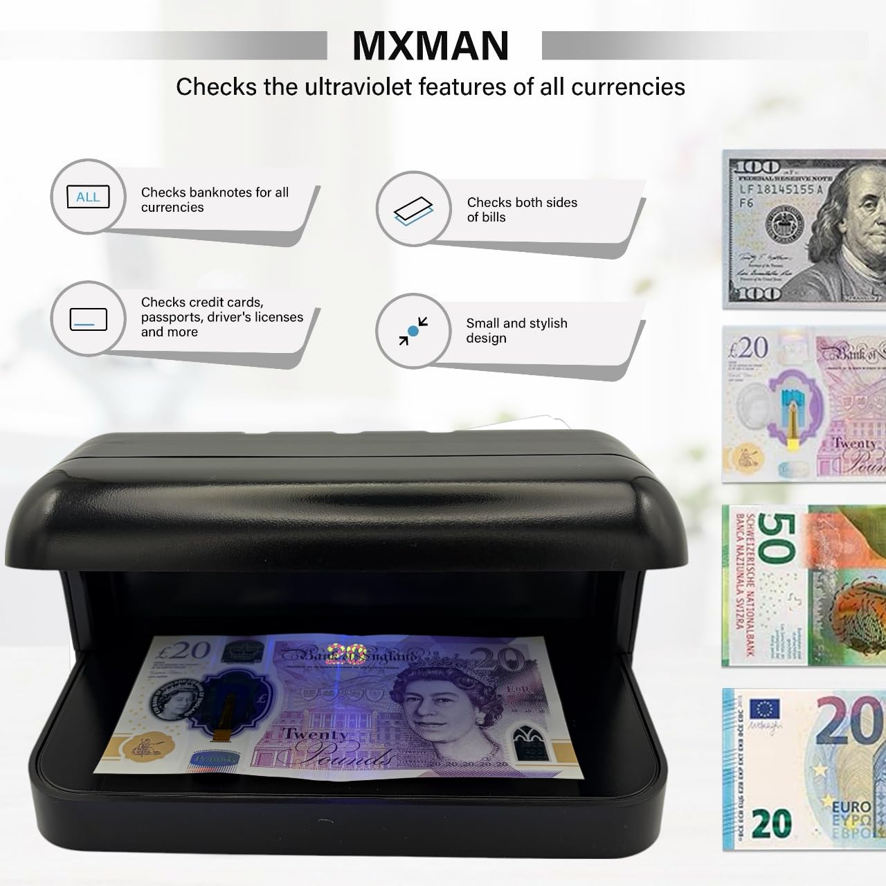Rilevatore di denaro contraffatto con pacchetto torcia – Controllo note false per note in polimero e carta nel Regno Unito – Vendita al dettaglio, taxi e uso aziendale