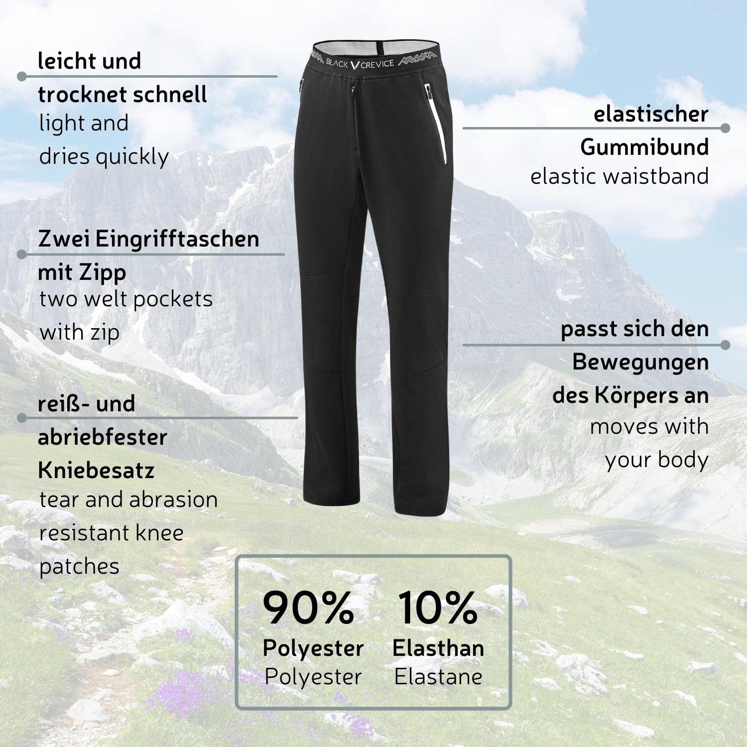 Black Crevice Herren Outdoor Hose I Hochwertige Wanderhose aus 90% Polyester & 10% Spandex I Wasserabweisende Outdoorhose Herren I Atmungsaktive Trekking-Hose Herren mit elastischem Bund