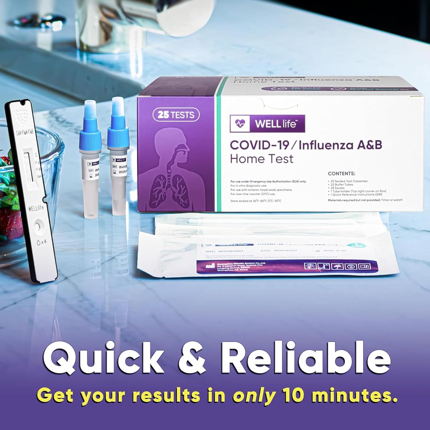 WELLlife Covid-19/Flu A&B Home Test, Covid Home Test 25 Tests 3-in-1 Covid Influenza A&B Antigen Rapid Test Kits Covid Flu Test Combo Result in 10 Minutes
