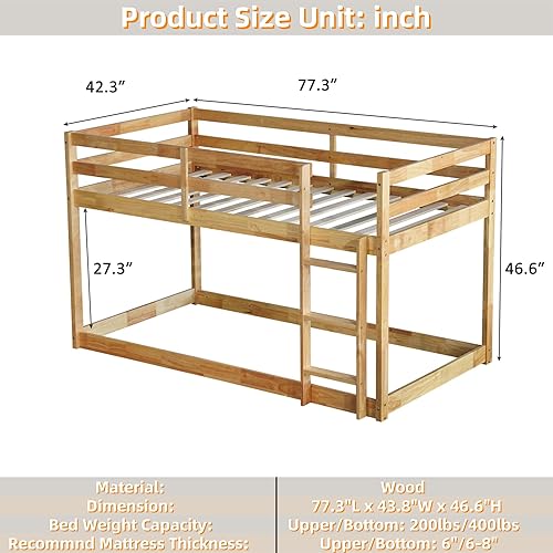 Miniatura 38 de Litera baja individual sobre individual, base de cama de madera maciza con escalera y barandillas de seguridad, literas individuales para niños y
