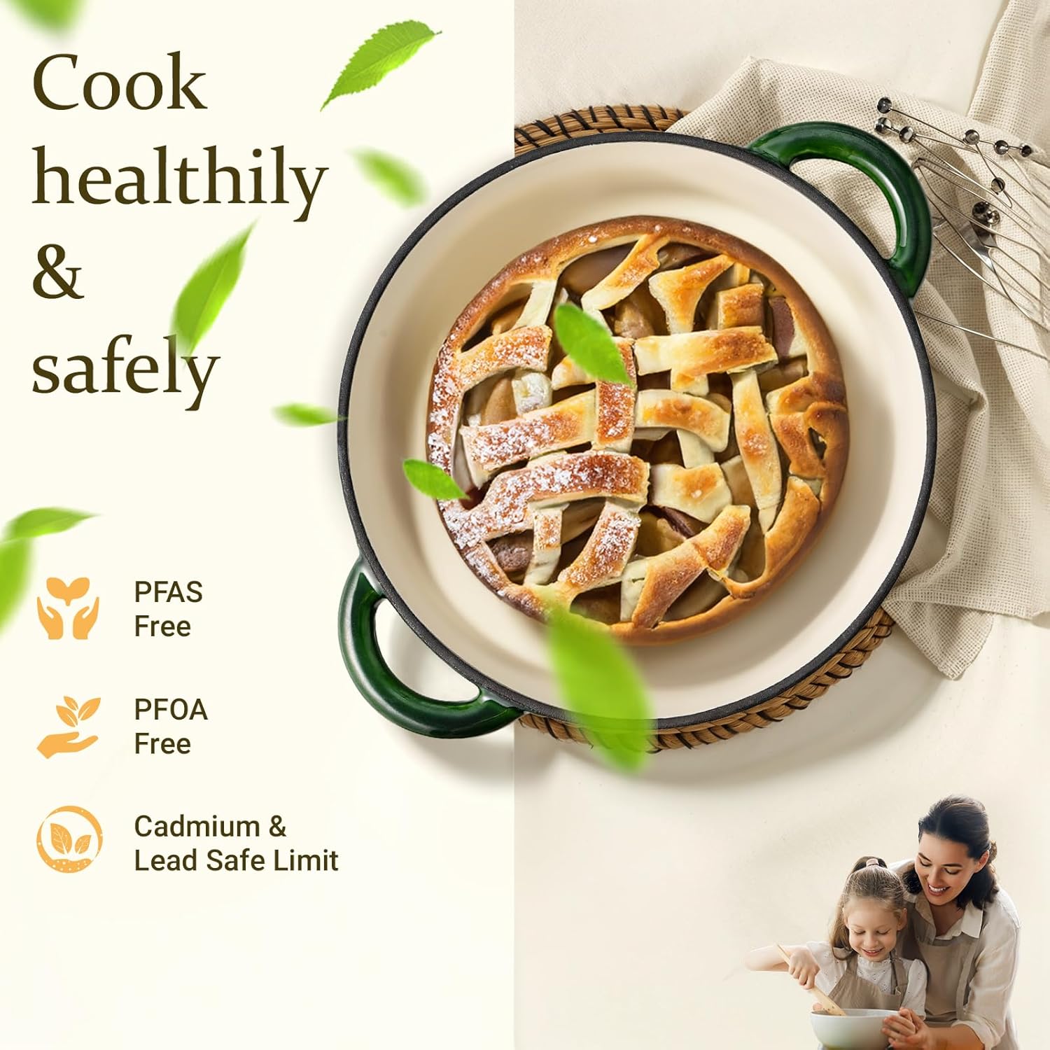 Overmont Enameled Cast Iron Dutch Oven - 5.5QT Pot with Lid Cookbook & Cotton Potholders - Heavy-Duty Cookware for Braising, Stews, Roasting, Bread Baking Glossy Green - Image 2