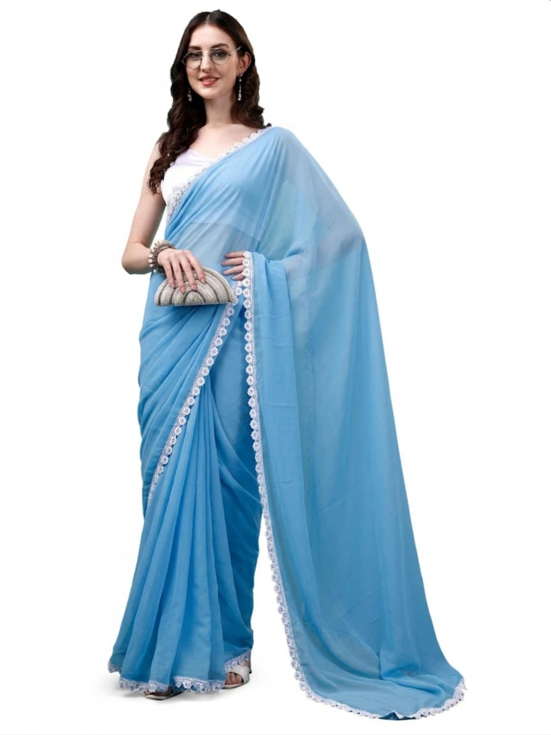 sizu Women's Plain Georgette with Lace Border Saree | Unstitched Satin Blouse Piece-picture-49