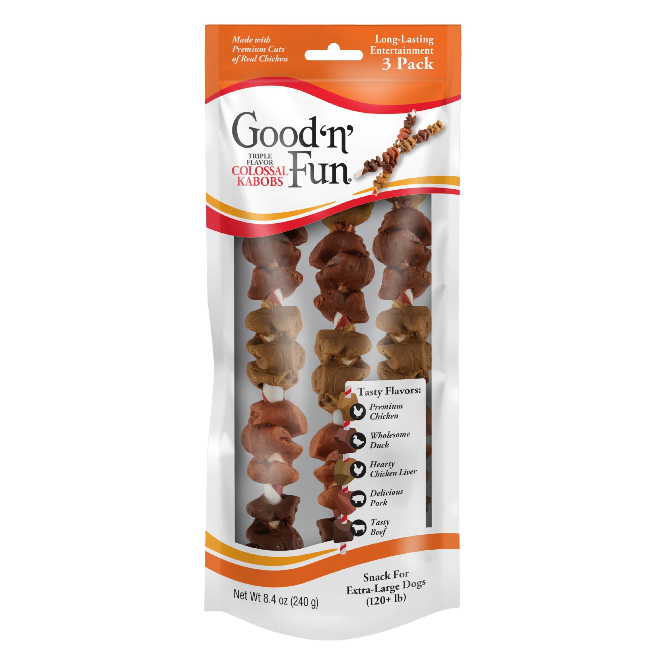 Triple Flavor Colossal Kabobs, 3 Count, Treat Extra-Large Dogs to Long-Lasting Rawhide Chews