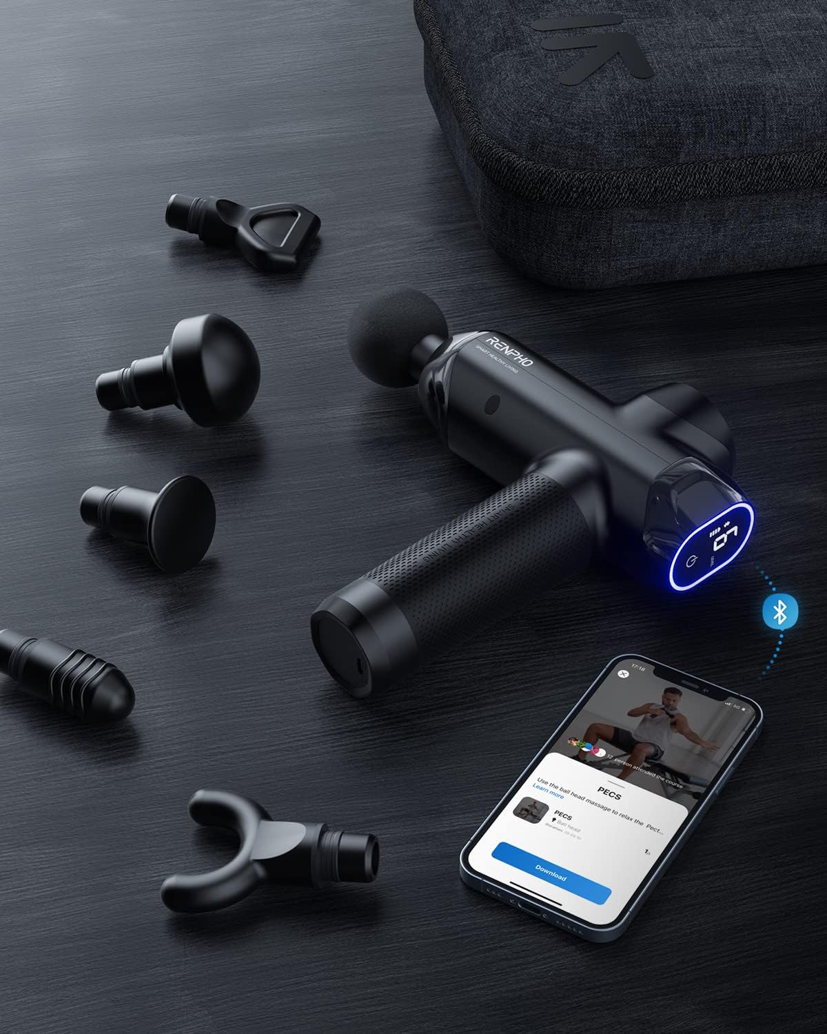 RENPHO Power+ Bluetooth Upgrade Massage Gun Deep Tissue, 2022 New Percussion Muscle Massage Gun for Athletes, Powerful Portable Electric Handheld Massager Gun, LED Touch Display, Carry Case Gifts : Health & Household