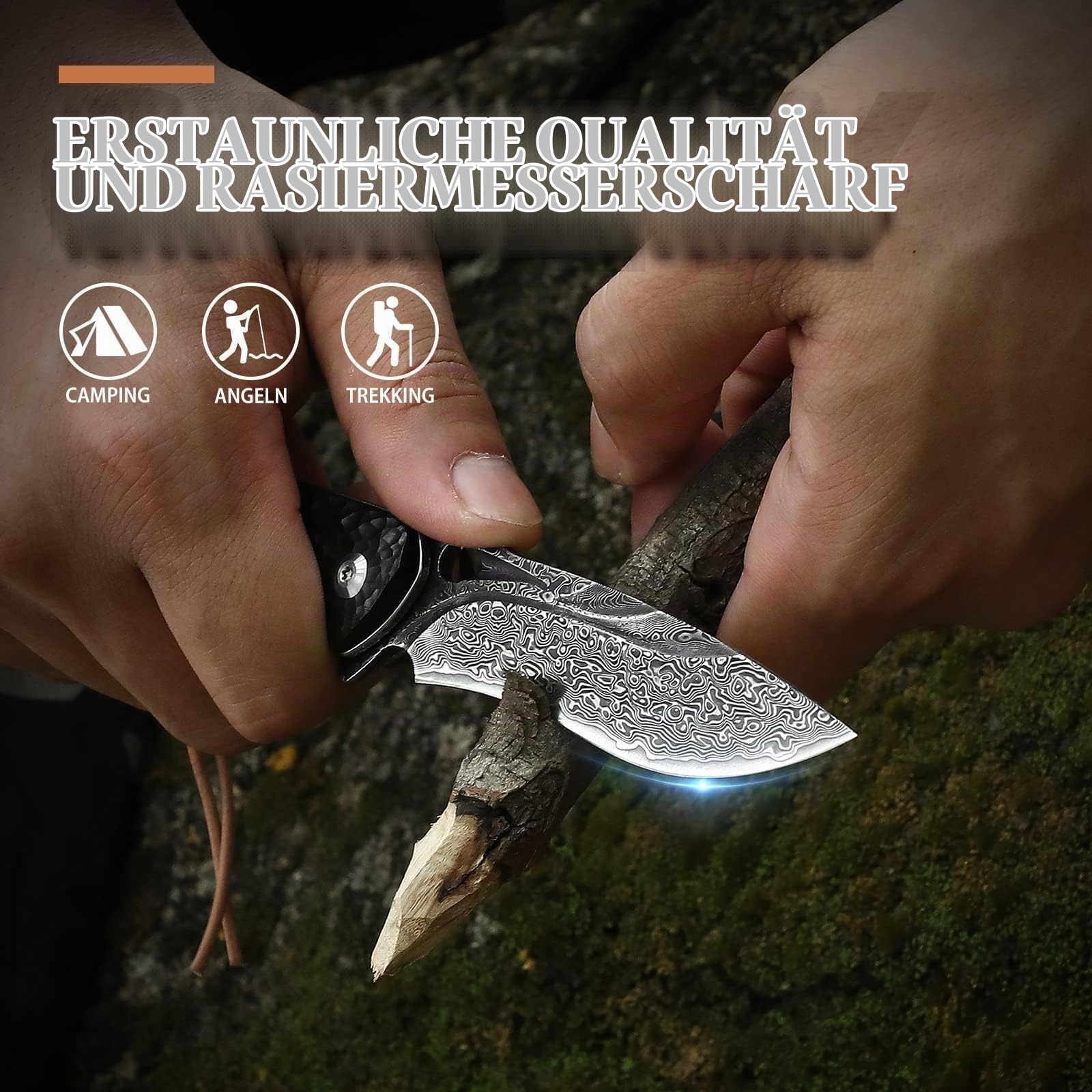 DRACHENADER Taschenmesser Damast Elegant mit Ledertasche, schmales Vg10 Einhand Taschenmesser Hochwertig mit Clip und Ebenholz Griff, Schwarz