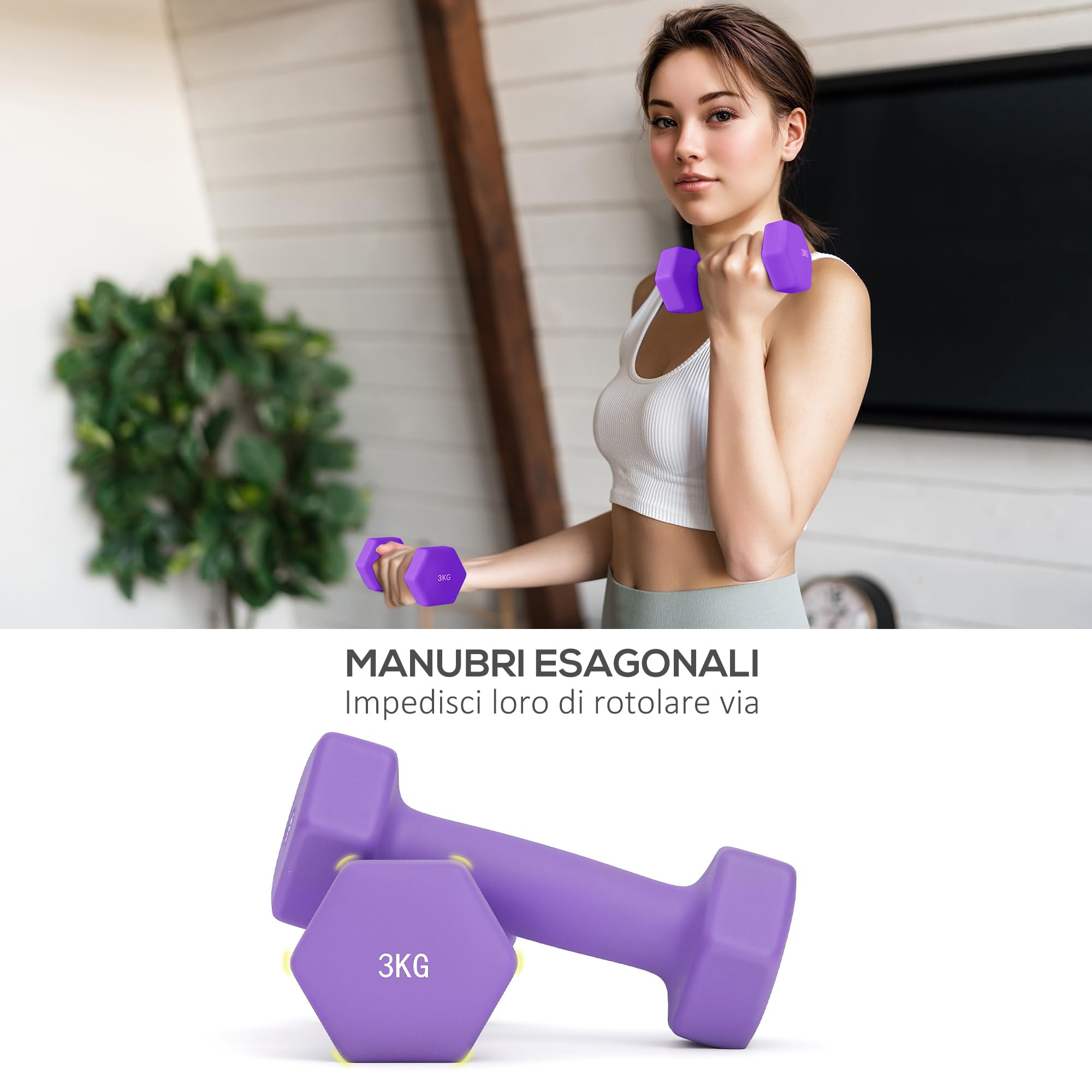 SPORTNOW Set di Manubri da Palestra 2x1kg,2x2kg,2x3kg Rosa/Azzurro/Viola | Supporto Pieghevole, Manubri per Palestra Esagonali in Metallo con Impugnatura, Allenamento Fitness Casa