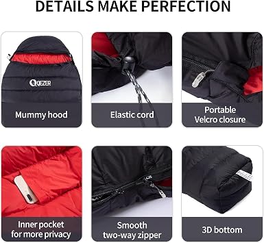 Down Sleeping Bag,650FP-RDS,Only 820 g, Lightweight Sleeping Bag, Small Pack Size for 3 Seasons, Camping, Trekking and Hiking
