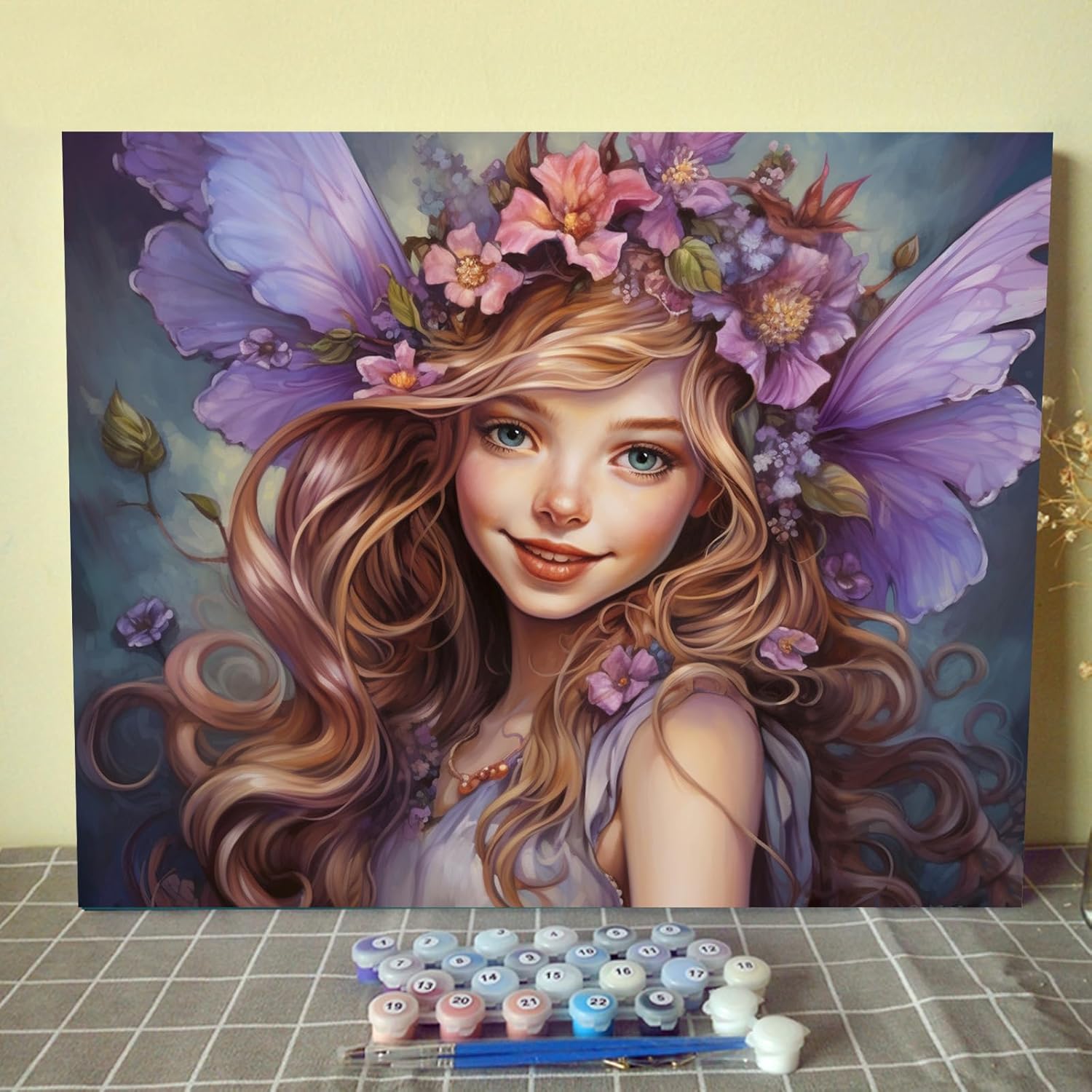 Purple Angel DIY Painting by Number for Beginner Delicate Dolls with Wreath Paint by Numbers on Canvas Easy to Paint Artwork with Brushes and Paints for Home Decor 16x20inch (DIY Frame)