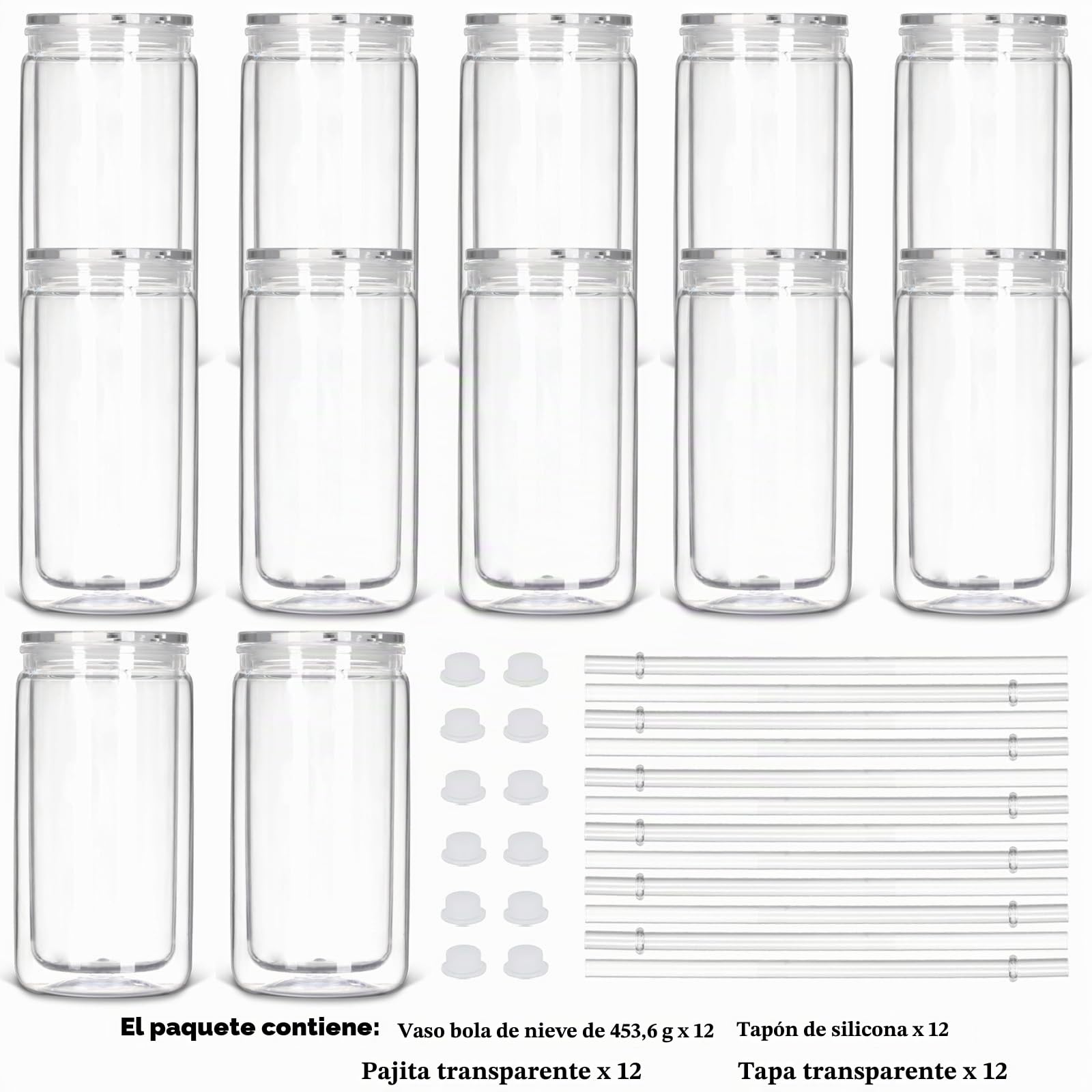 Paquete de 12 Vasos Globo de Nieve con Agujero Pretaladrado, 473 ml Lata de Plástico de Doble Pared con Tapa y Pajita, Taza de Frasco Mason de Plástico para Globo de Nieve con Purpurina DIY