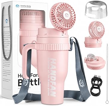 HandFan 40oz Tumbler with Handle, Cooling Fan with USB Charging | 5000mAh Battery, 3 Wind Speeds, Leakproof Insulated Water Bottle
