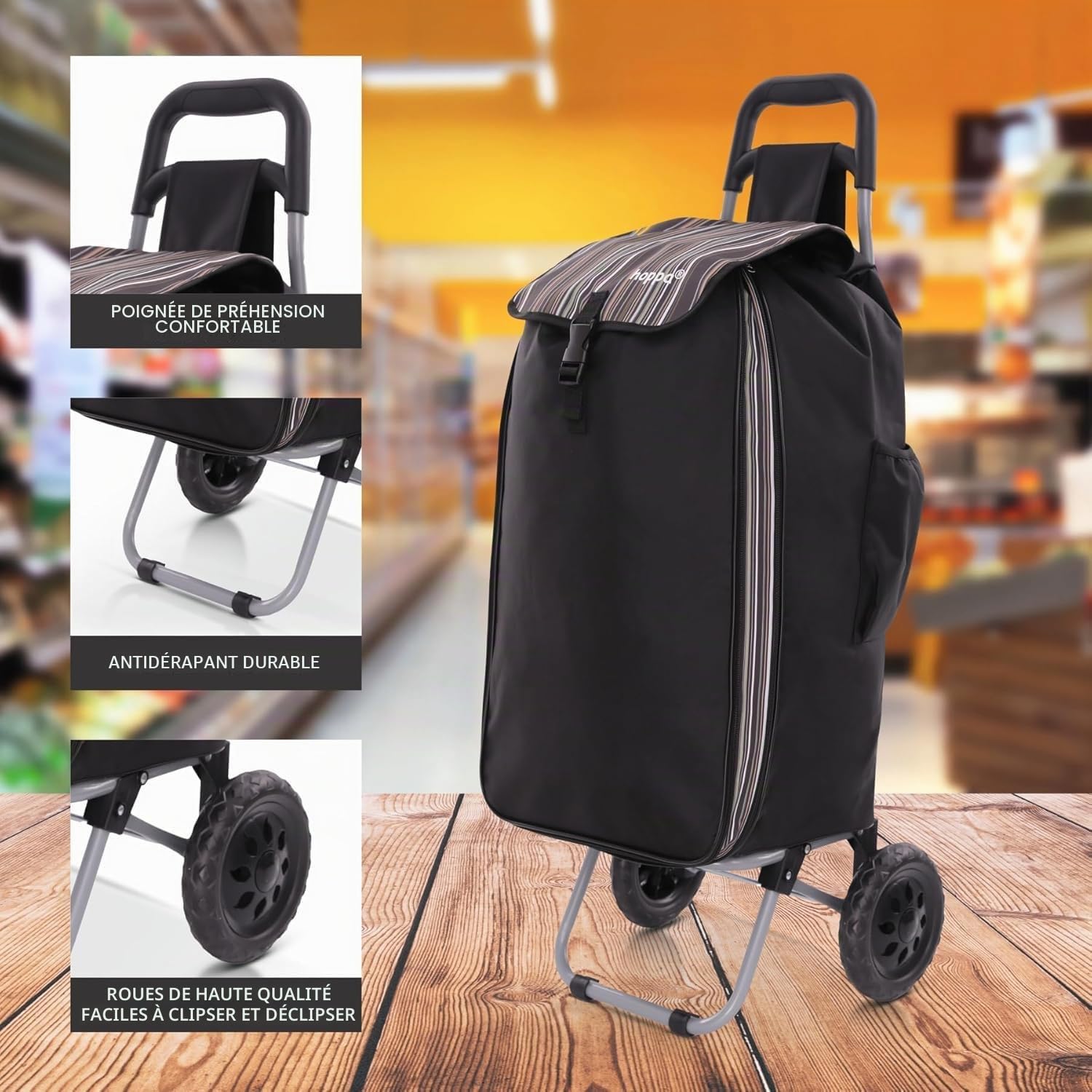 Hoppa 57-64L Chariot à roulettes Extensible avec 2 Roues à clic on/Off - Chariot de Courses Pliable et résistant - Poussette de marché légère et imperméable avec Plusieurs Poches - Noir